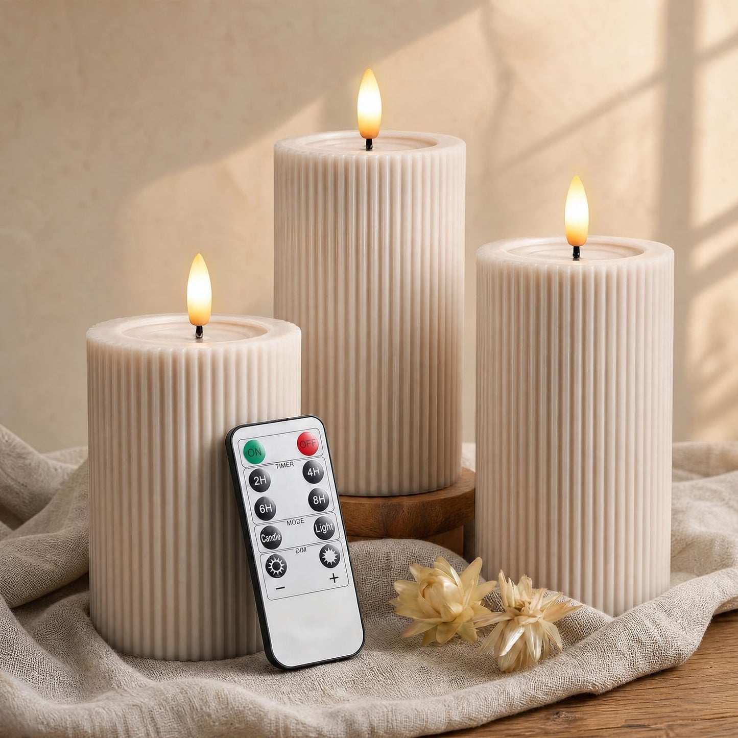 Fluted Ribbed LED Pillar Candles, Cream Beige, with Realistic Reflective Melted-Wax Effect – Flickering Flame, Remote, Dimmable, Flameless, Battery Operated, Home & Wedding Decor (Set of 3)