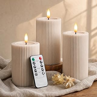 Fluted Ribbed LED Pillar Candles, Cream Beige, with Realistic Reflective Melted-Wax Effect – Flickering Flame, Remote, Dimmable, Flameless, Battery Operated, Home & Wedding Decor (Set of 3)
