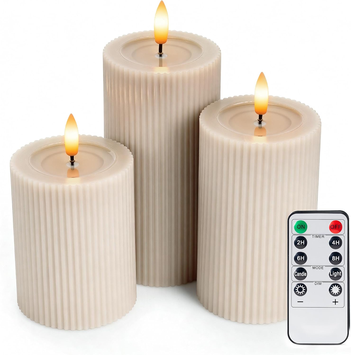 Fluted Ribbed LED Pillar Candles, Cream Beige, with Realistic Reflective Melted-Wax Effect – Flickering Flame, Remote, Dimmable, Flameless, Battery Operated, Home & Wedding Decor (Set of 3)
