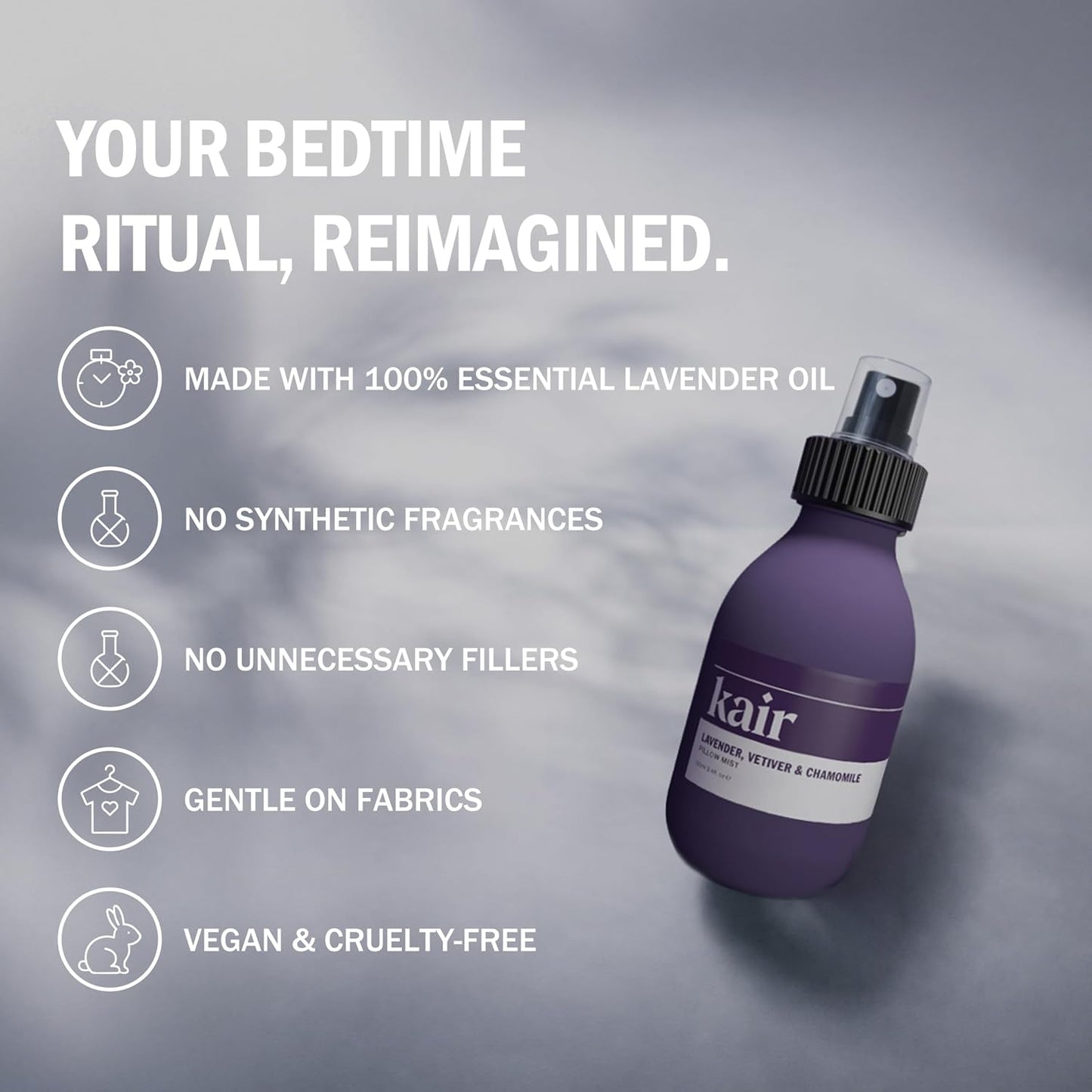 Kair Pillow Spray Mist - Lavender, Vetiver & Chamomile | Natural Aromatherapy Pillow Mist, 3.4 Fl Oz Refillable Glass Bottle, 100% Pure Essential Oils, Vegan Cruelty-Free, Calming Relaxing Scent