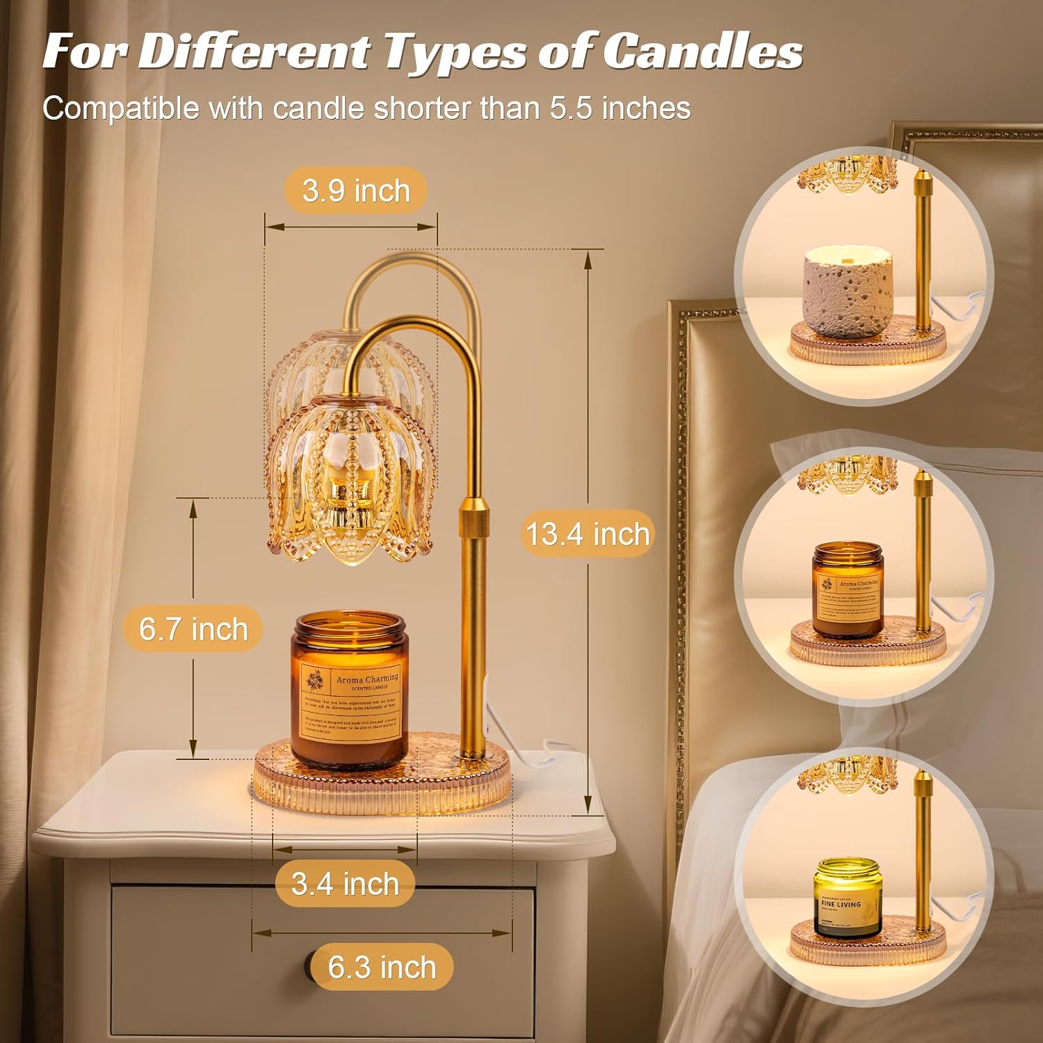 Petal Candle Warmer Lamp with Timer & Dimmable Light Champagne Gold - Adjustable Height Jar Melter on Crystal Glass Base, Home Decor Gift Set (Includes 2 Bulbs)