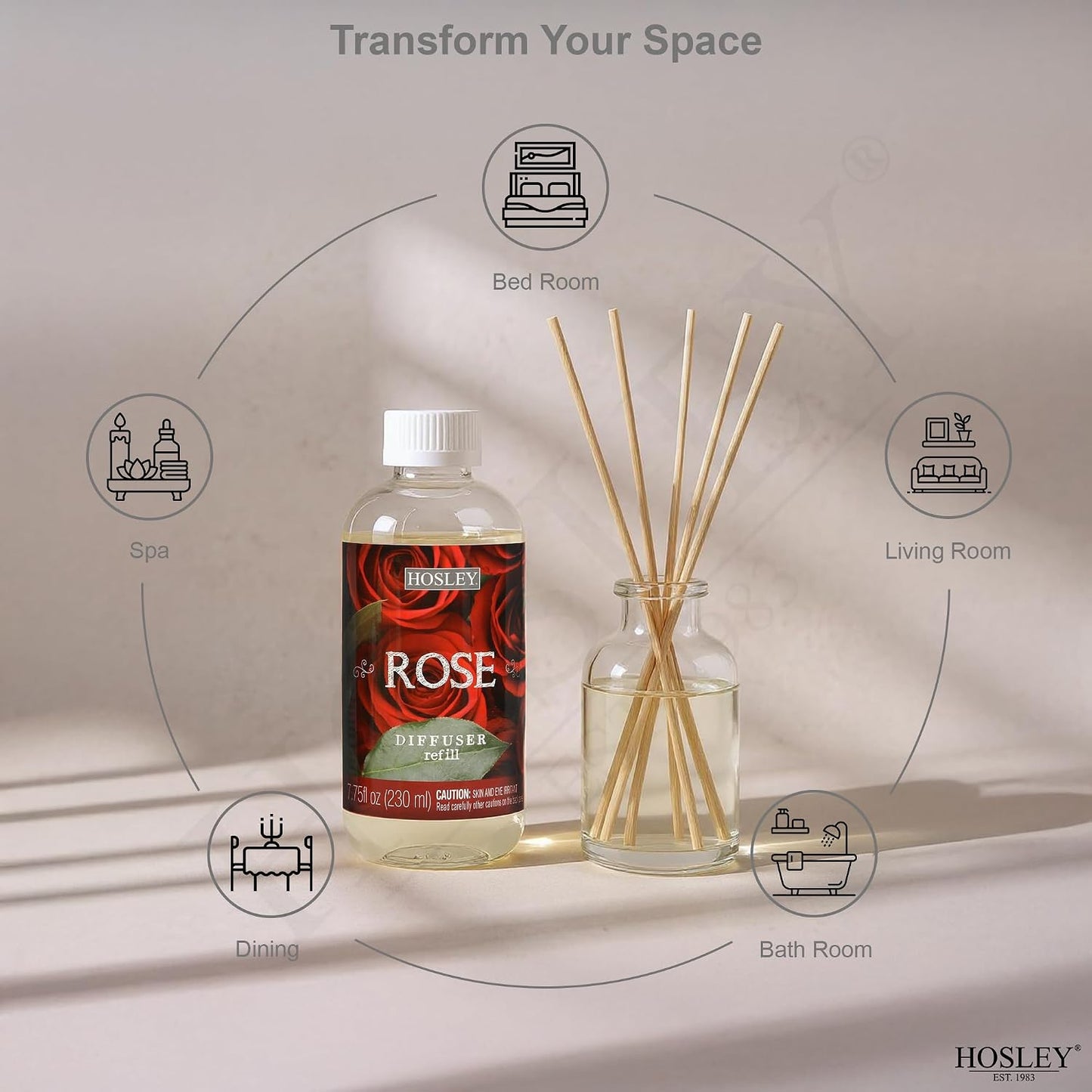 Hosley Set of 2 Premium Rose Diffuser Refills Oil 230 Milliliters Each Ideal Gift for Weddings Spa Reiki Meditation Settings