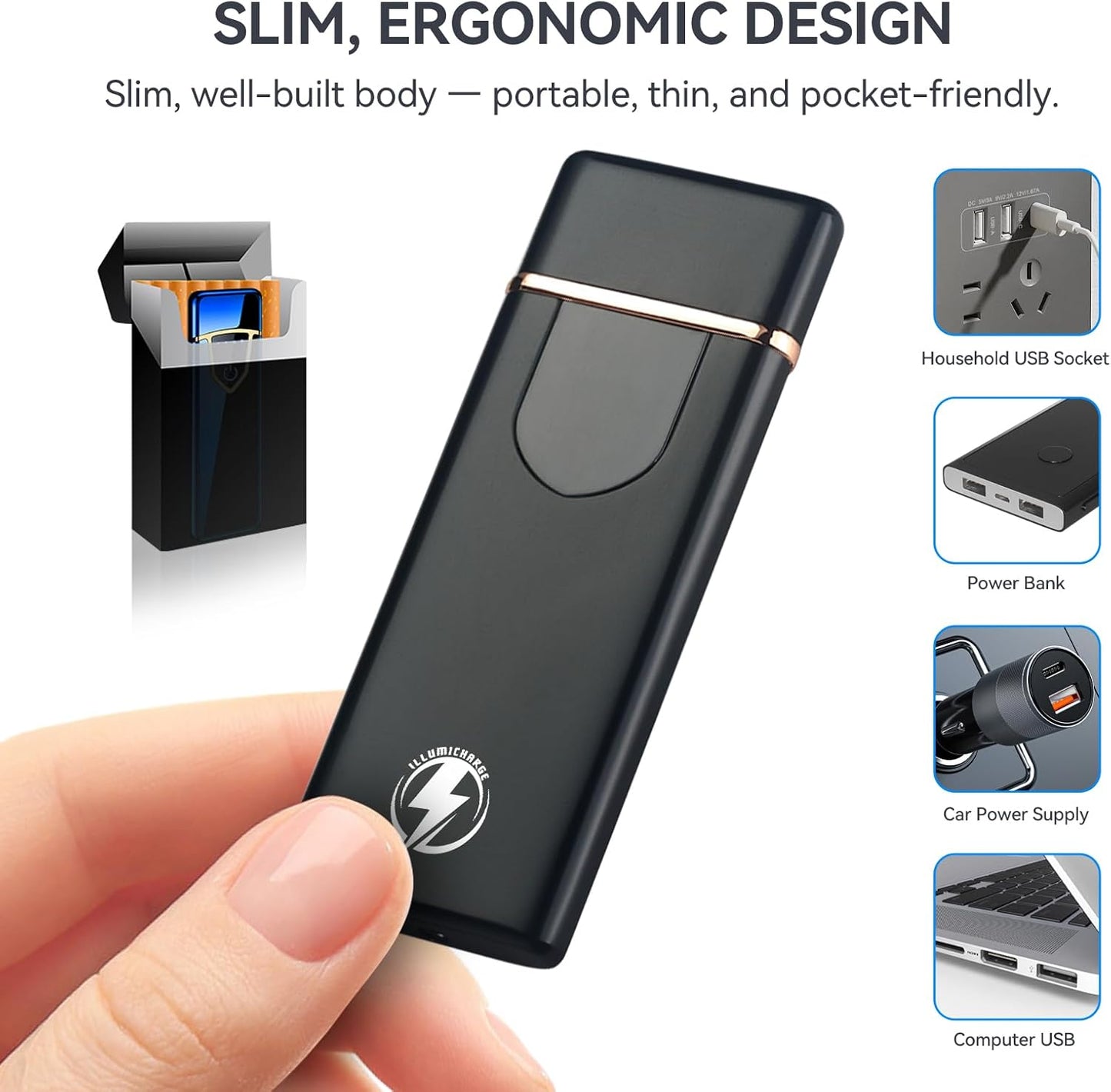 Touch Electric Lighter - USB Rechargeable, Windproof Coil Lighter with Auto Safety Shut-Off, Elegant Compact Design, Ideal for Gifting (Silver Ice)