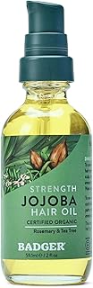 Badger Organic Jojoba Hair Oil & Dry Scalp Treatment, Soothing & Moisturizing Itchy Dry Scalp Oil, Rosemary Hair Oil, Organic Jojoba Oil Hair & Scalp Moisturizer, 2 fl oz Glass Bottle