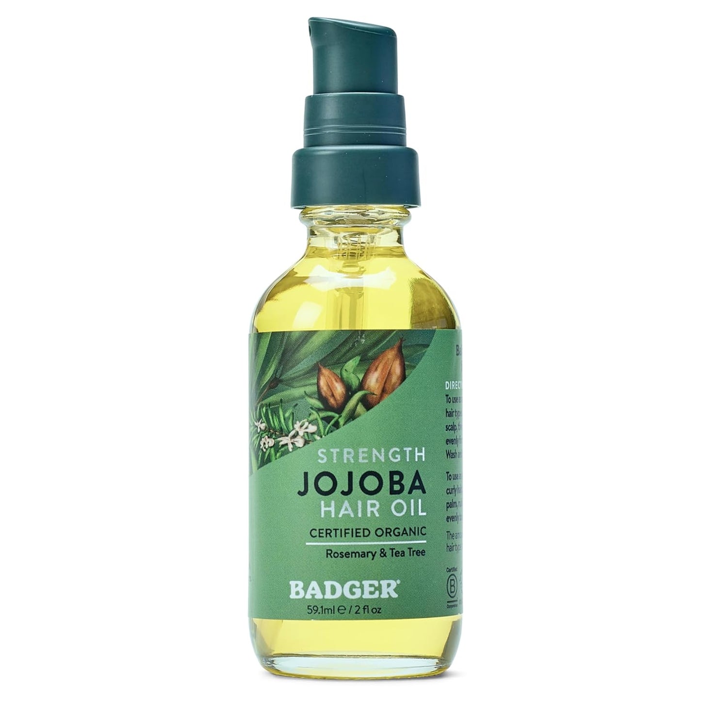 Badger Organic Jojoba Hair Oil & Dry Scalp Treatment, Soothing & Moisturizing Itchy Dry Scalp Oil, Rosemary Hair Oil, Organic Jojoba Oil Hair & Scalp Moisturizer, 2 fl oz Glass Bottle