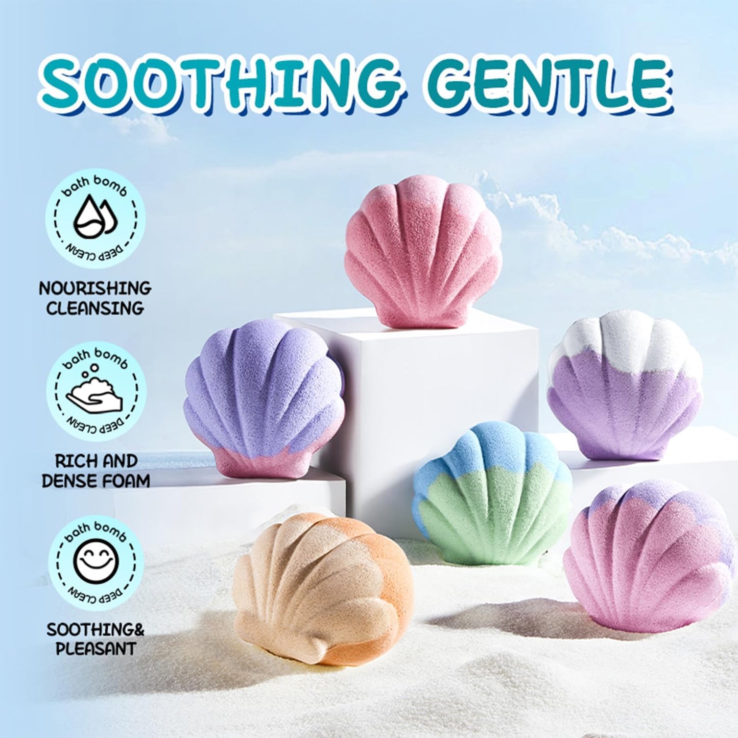 Shell Bath Bomb Gift Set for Women - 6 Extra Large Sea Salt Bath Bombs, Spa Self Care Box with Lavender, Rose & Aromatherapy Scents, Moisturizing Bath Soak for Relaxation and Skin Hydration