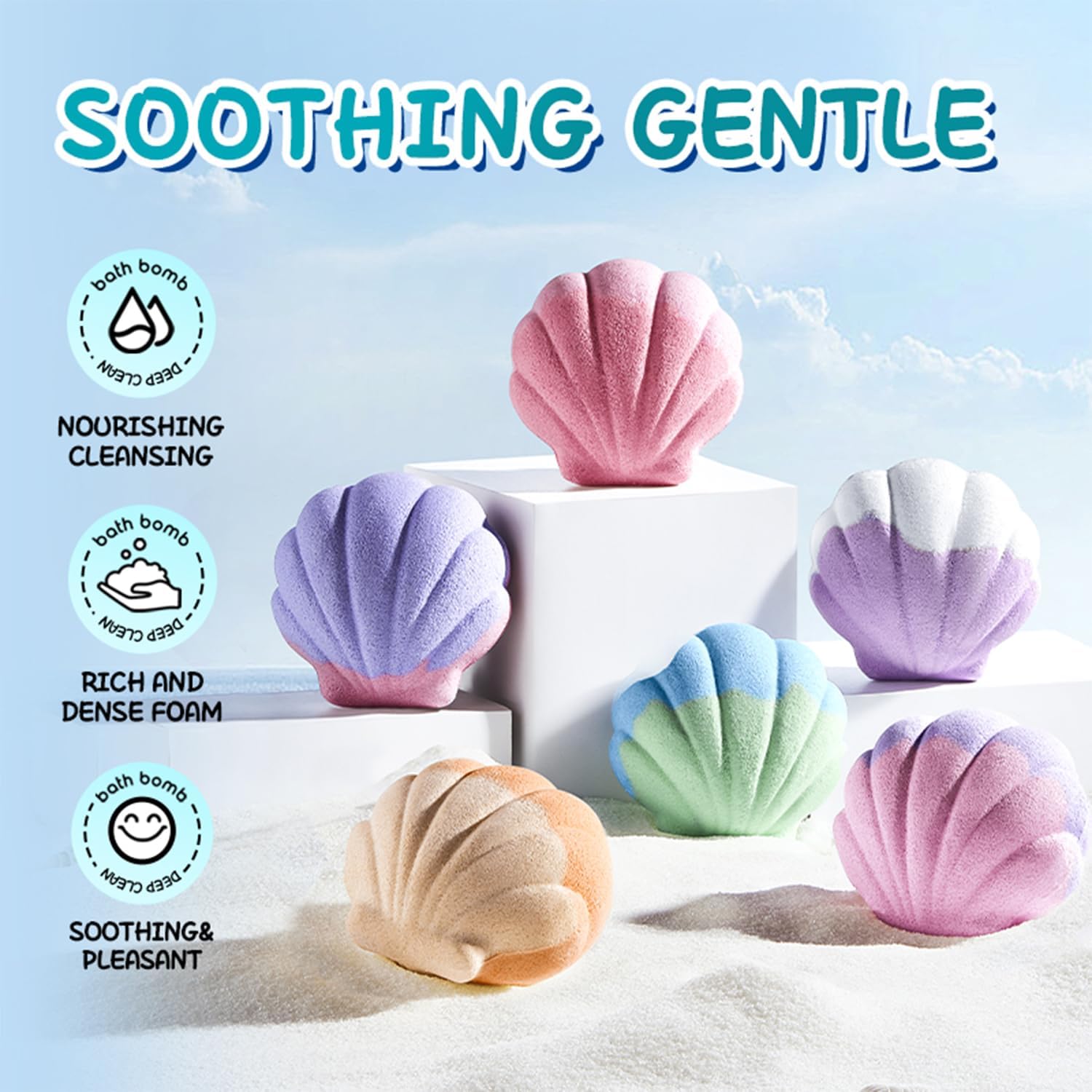Shell Bath Bomb Gift Set for Women - 6 Extra Large Sea Salt Bath Bombs, Spa Self Care Box with Lavender, Rose & Aromatherapy Scents, Moisturizing Bath Soak for Relaxation and Skin Hydration
