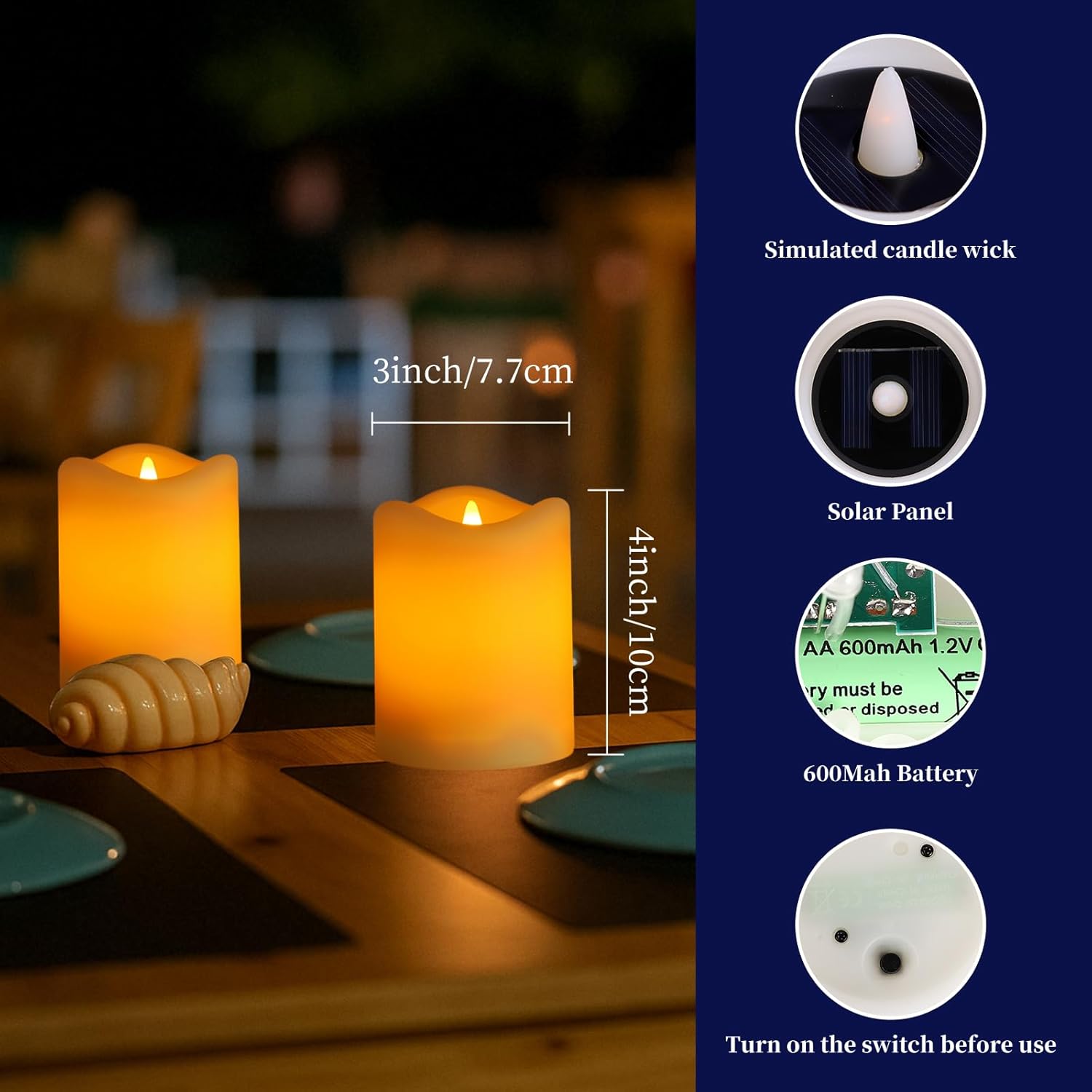 Solar Candles Outdoor Waterproof, 2 Pack Solar Flameless LED Rechargeable Candles with Flickering Glow, Dusk to Dawn Auto On/Off, Replaceable Battery, Lantern & Garden Decor, Holiday Gifts (3" x 4")