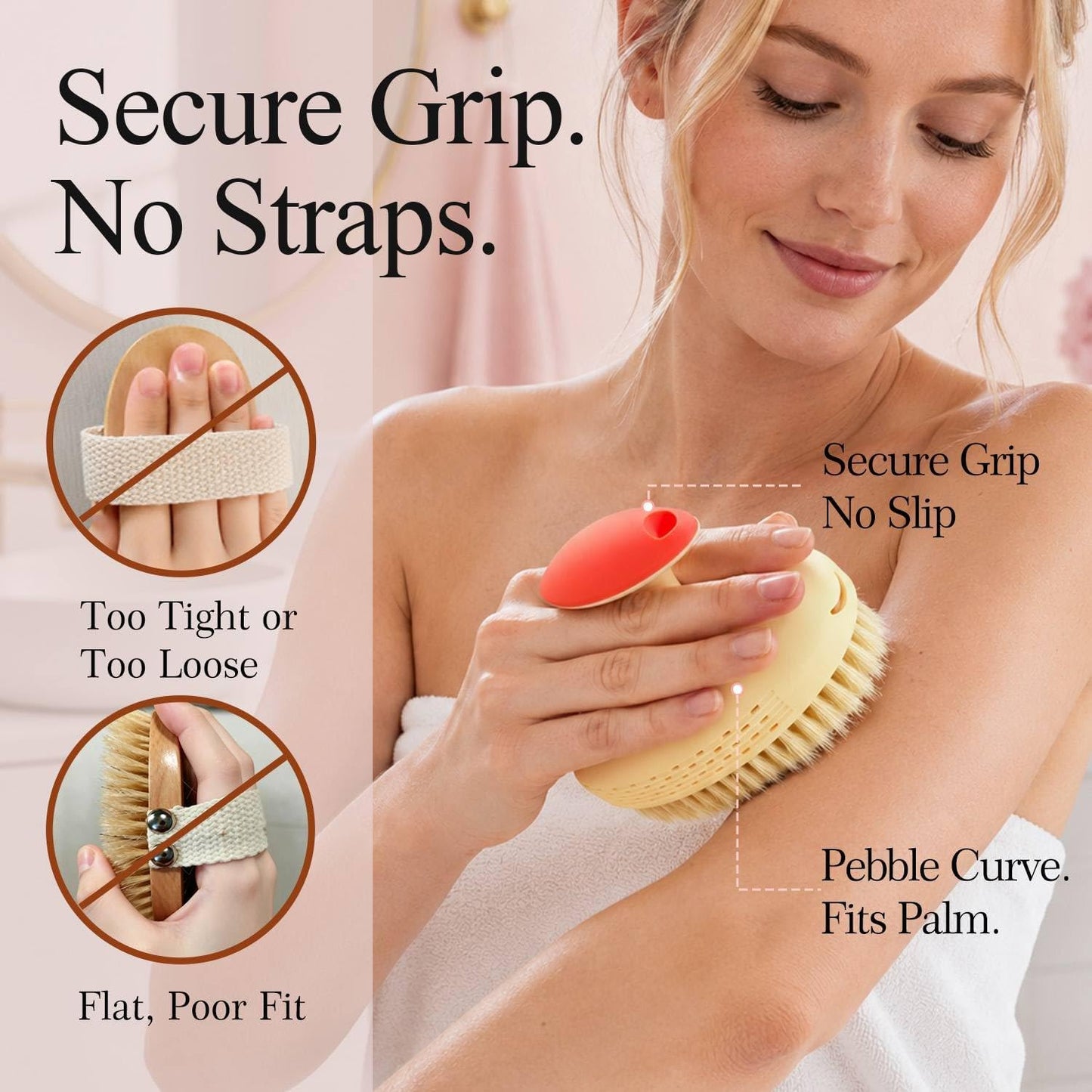 BUBBLEDANCE® Pebble Base Dry Brush - Large Dense Boar Bristles, Rust-Proof | Pebble base & football grip. Copper nails. Fast-Drying. Dry & wet use. Large dense brush for exfoliation & smooth skin