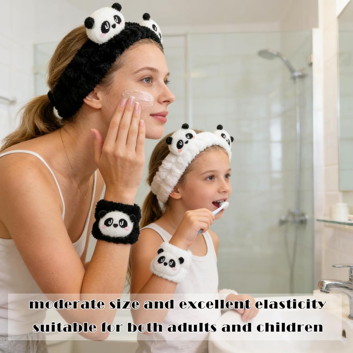6PCS Cute Cat Ears Spa Headband for Washing Face Makeup Skincare Headband with Wrist Bands, Sleepover Party Supplies for Women/Teen Girl Trendy Stuff Present (6PCS Panda, standard size)