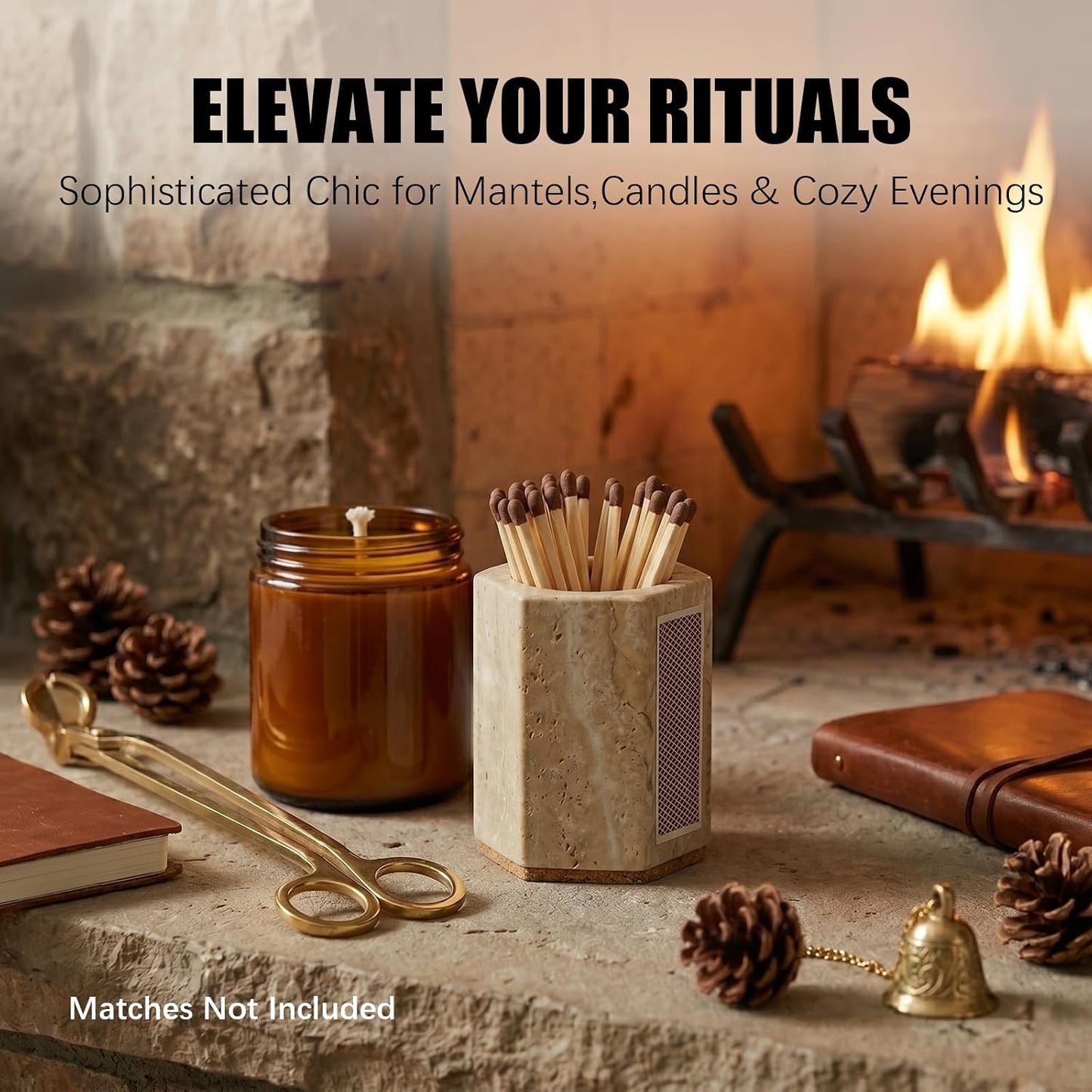 Hexagonal Travertine Match Holder with Striker, Luxury Natural Stone Matches Jar with Cork Base, Decorative Matchstick Holder for Candle & Fireplace - Unique Housewarming Gift, Matches Not Included