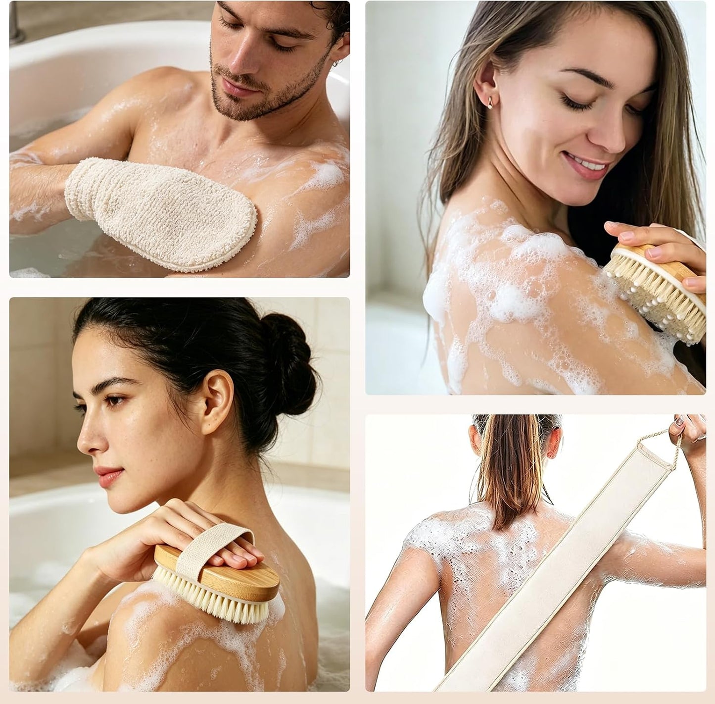 Dry Brushing Body Brush, Natural Boar Bristle, 4 Pack Set | Deep Cleansing | Shower Routine | Home Spa Experience | Self Care Essentials | Smooth Skin | Men & Women | Daily Use