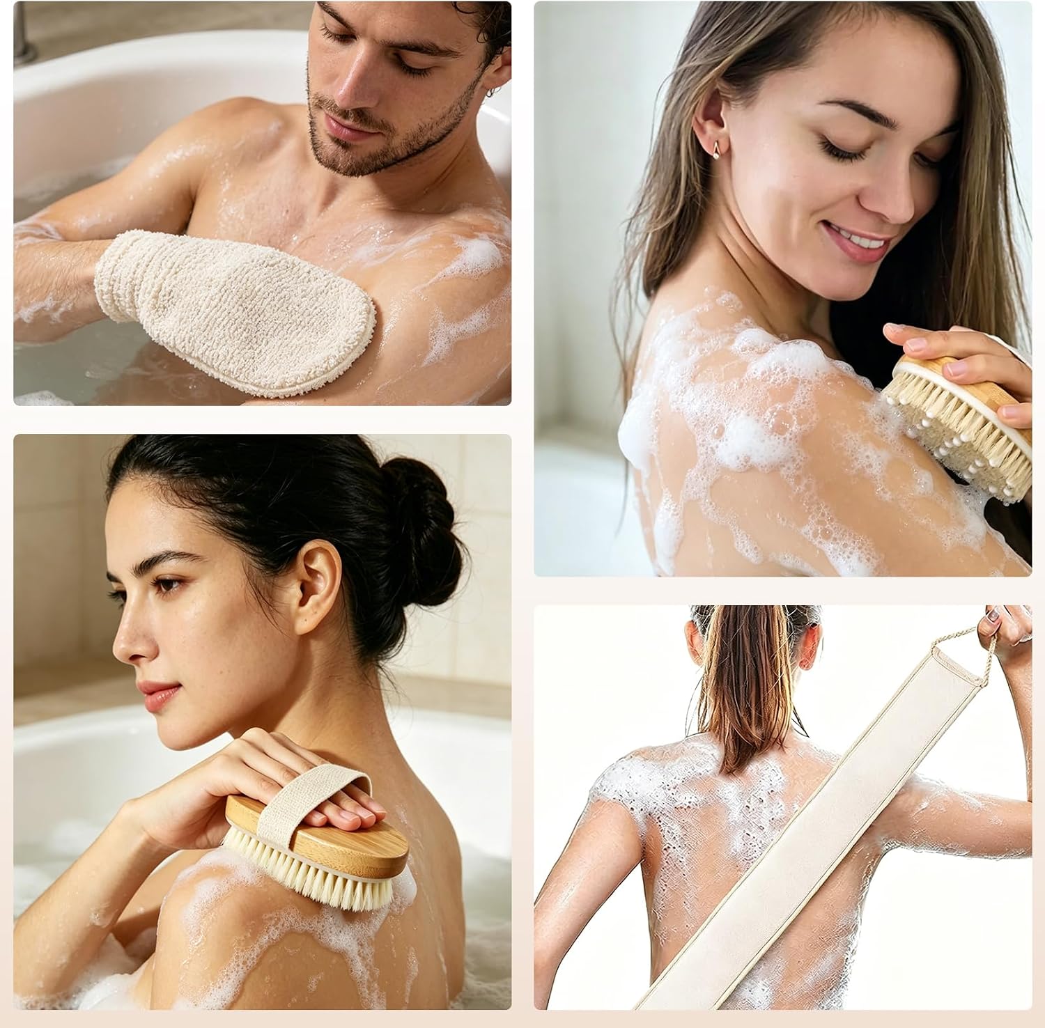 Dry Brushing Body Brush, Natural Boar Bristle, 4 Pack Set | Deep Cleansing | Shower Routine | Home Spa Experience | Self Care Essentials | Smooth Skin | Men & Women | Daily Use