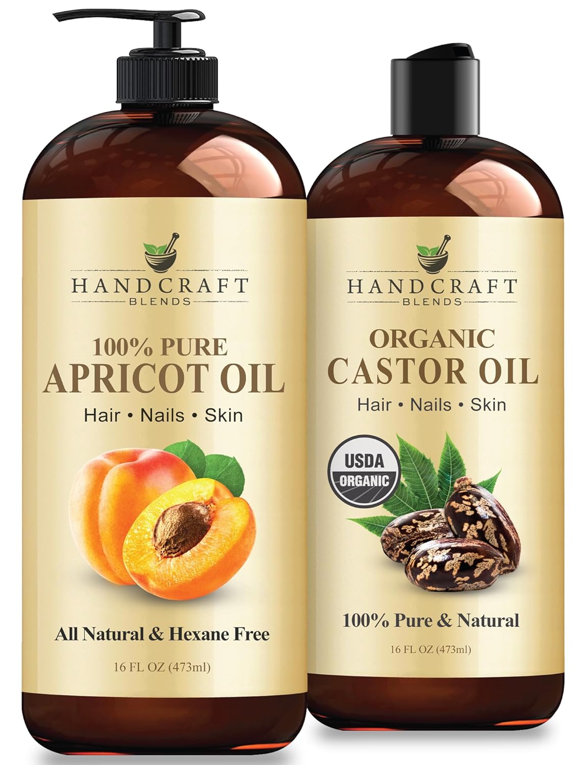 Handcraft Blends Rich Care Set: Organic Castor Oil and Apricot Kernel Oil – (2 x 16 Fl Oz) – 100% Pure & Natural – Carrier Oils for Hair, Skin, and Massage