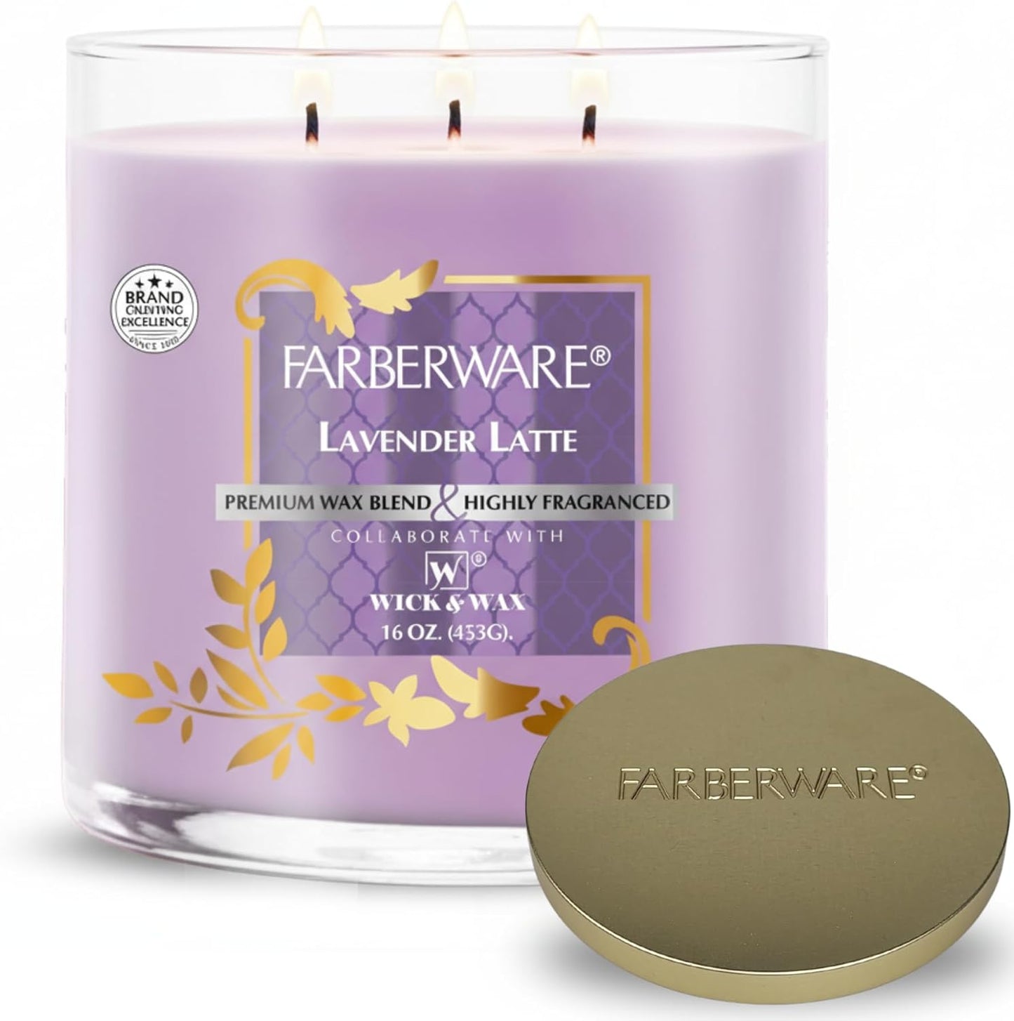 16oz Lavender Latte Jar Candle by Farberware – Soy Wax Blend, Three Wick Highly Scented Candle for Entertaining, Personal Relaxation – Up to 65 Hours Burn Time – for Any Fragrance Lover