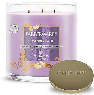 16oz Lavender Latte Jar Candle by Farberware – Soy Wax Blend, Three Wick Highly Scented Candle for Entertaining, Personal Relaxation – Up to 65 Hours Burn Time – for Any Fragrance Lover