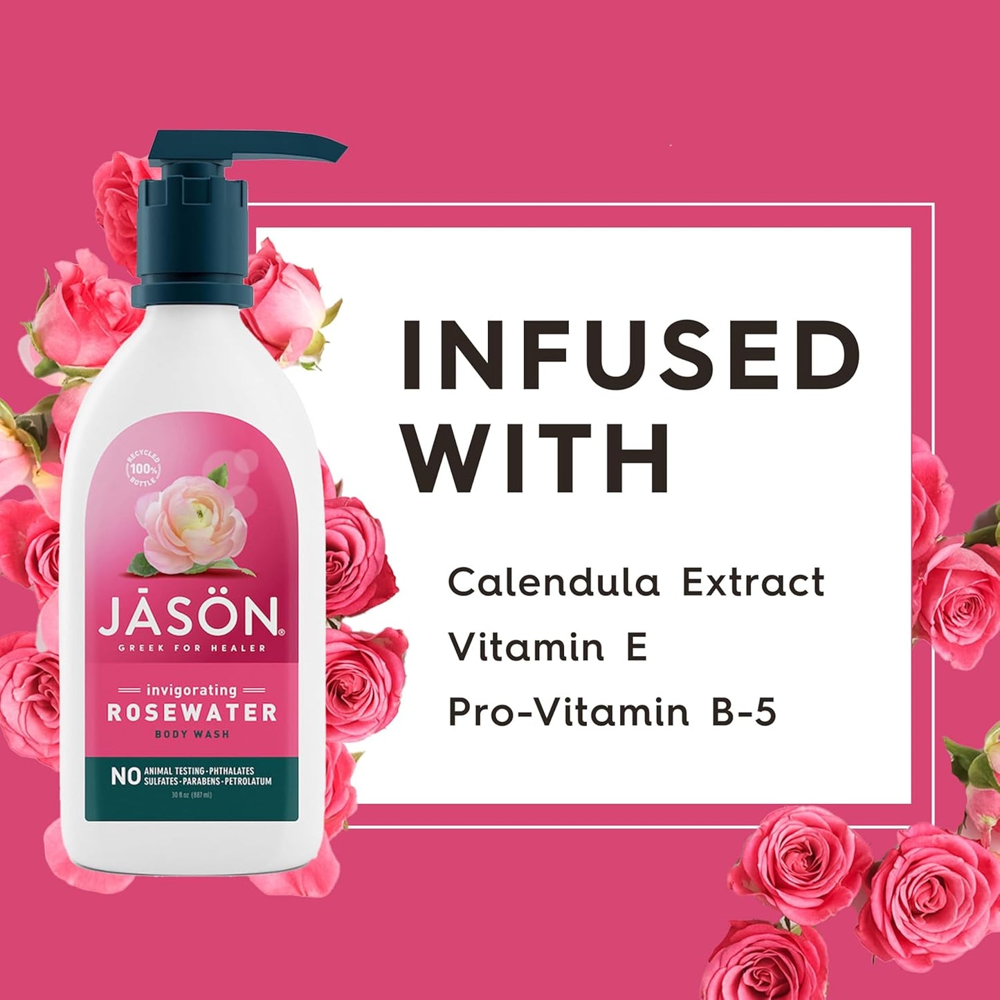 JASON Rosewater Invigorating Body Wash Women/Men, For a Gentle & Clean Feel, 30 Fluid Ounces