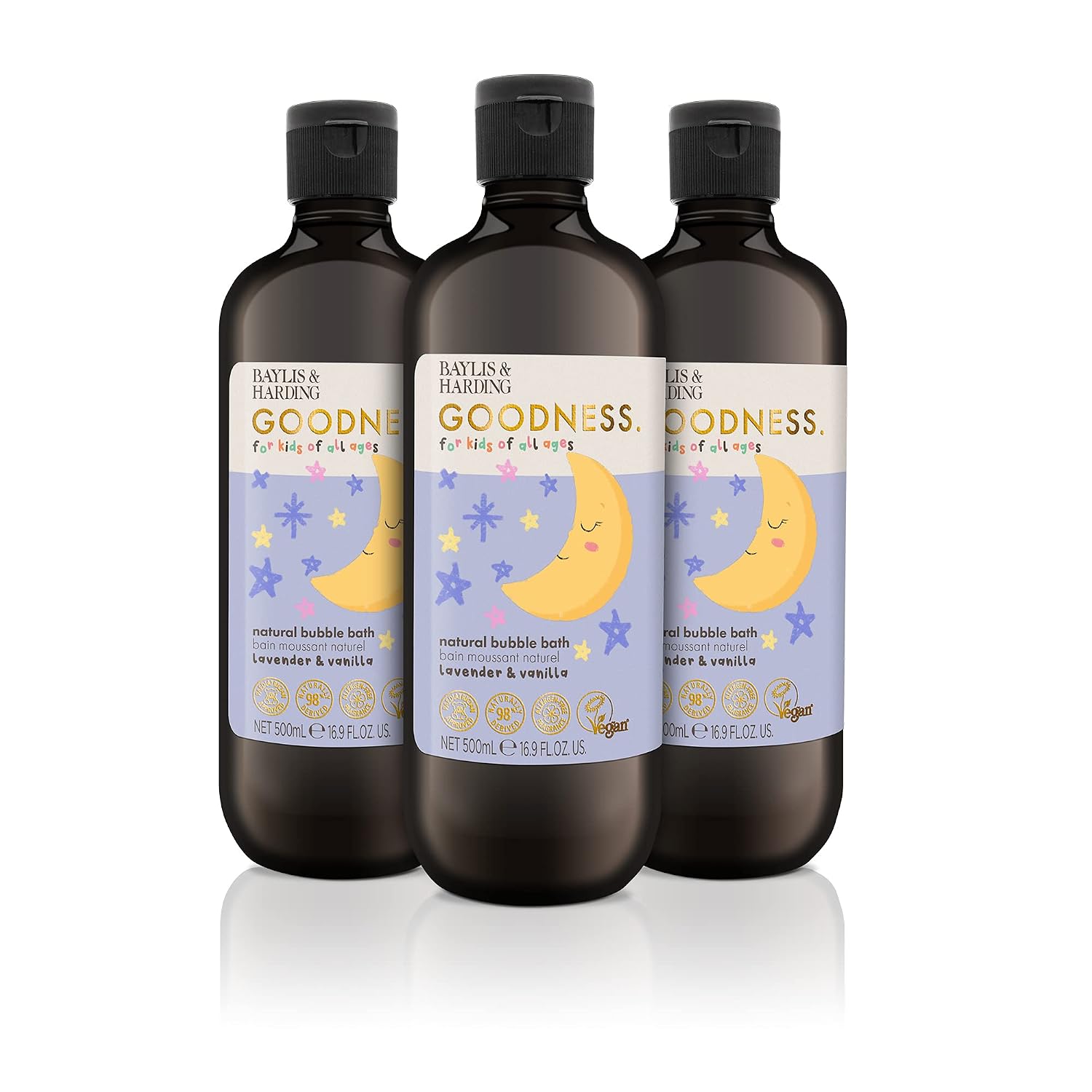 Baylis & Harding Goodness Kids Lavender & Vanilla Natural Bubble Bath 16.9 fl. oz (Pack of 3) - Biodegradable Formula - Vegan Friendly