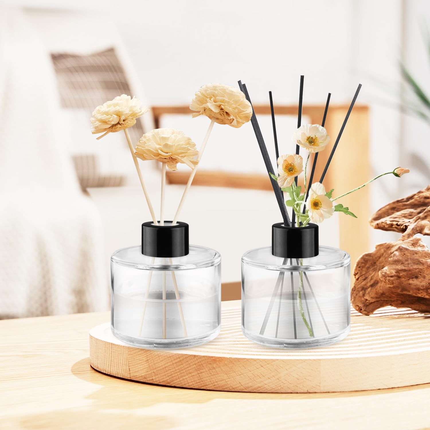 4Pcs 100ml Empty Reed Diffuser Bottles with Black Caps,Clear Round Glass Aromatherapy Bottles,Refillable Aromatic Diffusion Accessories for Perfume,Essential Oil,2 Pipettes,2 Funnels