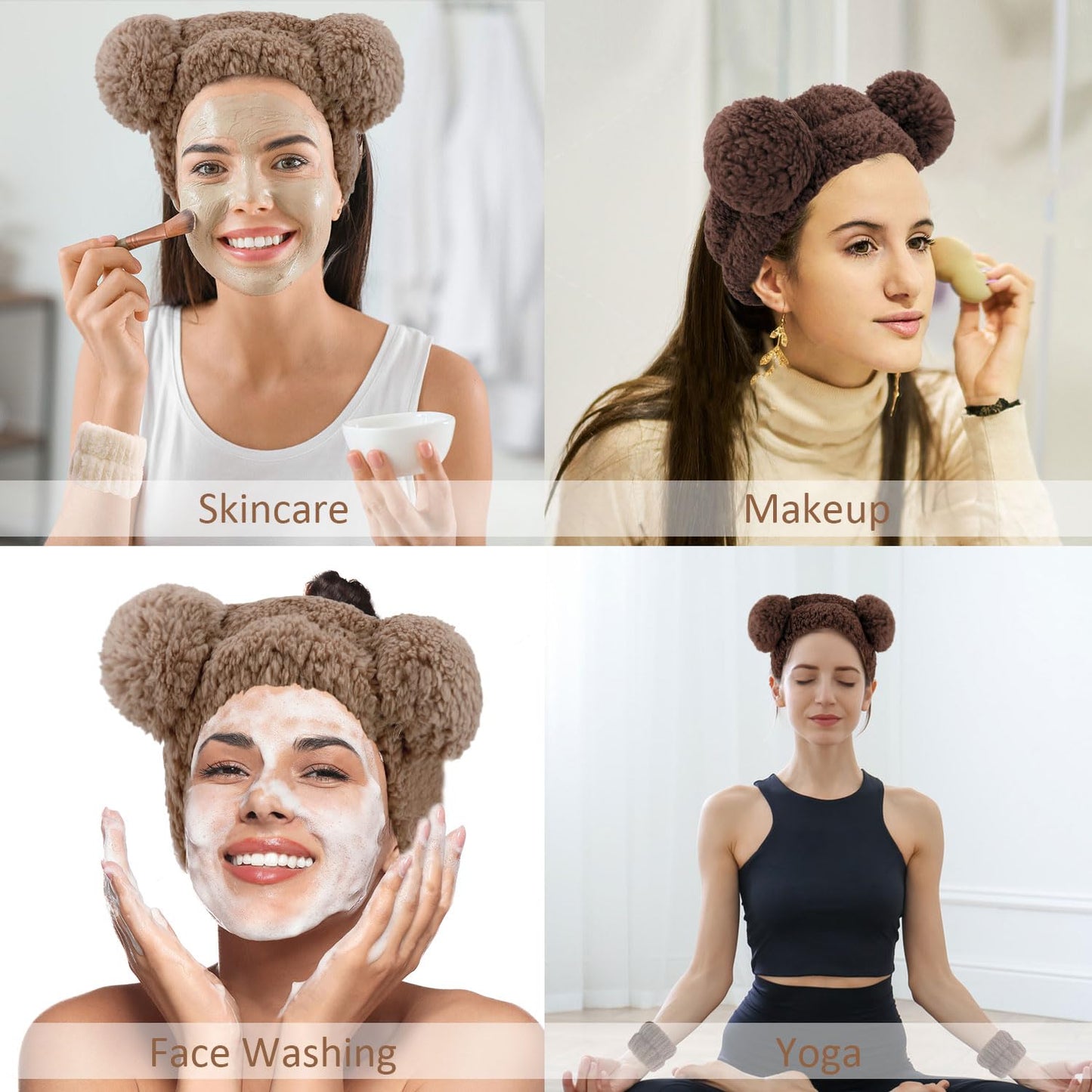 Atoden Bear Ears Spa Wristband Set - Cute Animal Skincare Headband for Washing Face - Fluffy Elastic Face Wash Hair Band for Women & Girls - Trendy Brown