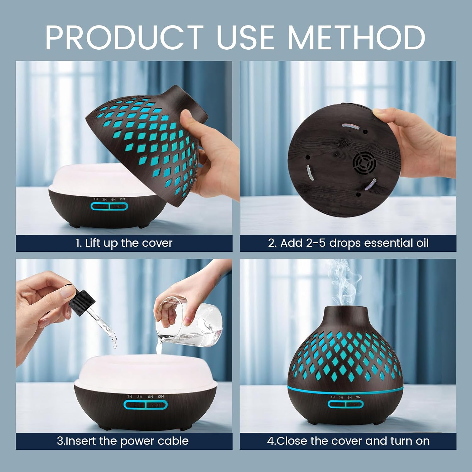 Aeshory Essential Oil Diffuser & 12 Essential Oils Set, 550ML Aromatherapy Diffuser for Home, Ultrasonic Cool Mist Humidifier with Remote Control 4 Timer 7 Color LED Light, Waterless Auto Off, Dark