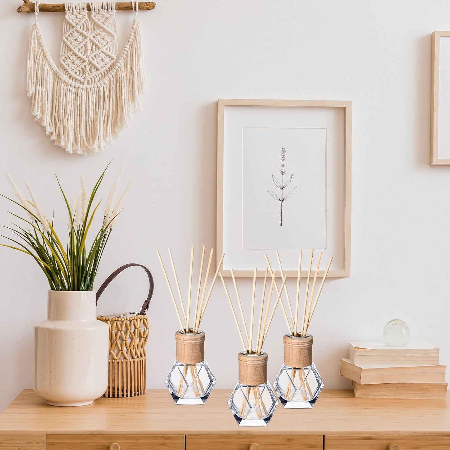 Roshtia 10 Set Reed Diffuser Bottle Empty Refillable Fragrance Glass Diffuser Bottles Set with Wooden Caps Rattan Sticks 50ml 1.7 oz Irregular Glass Jars for DIY Fragrance