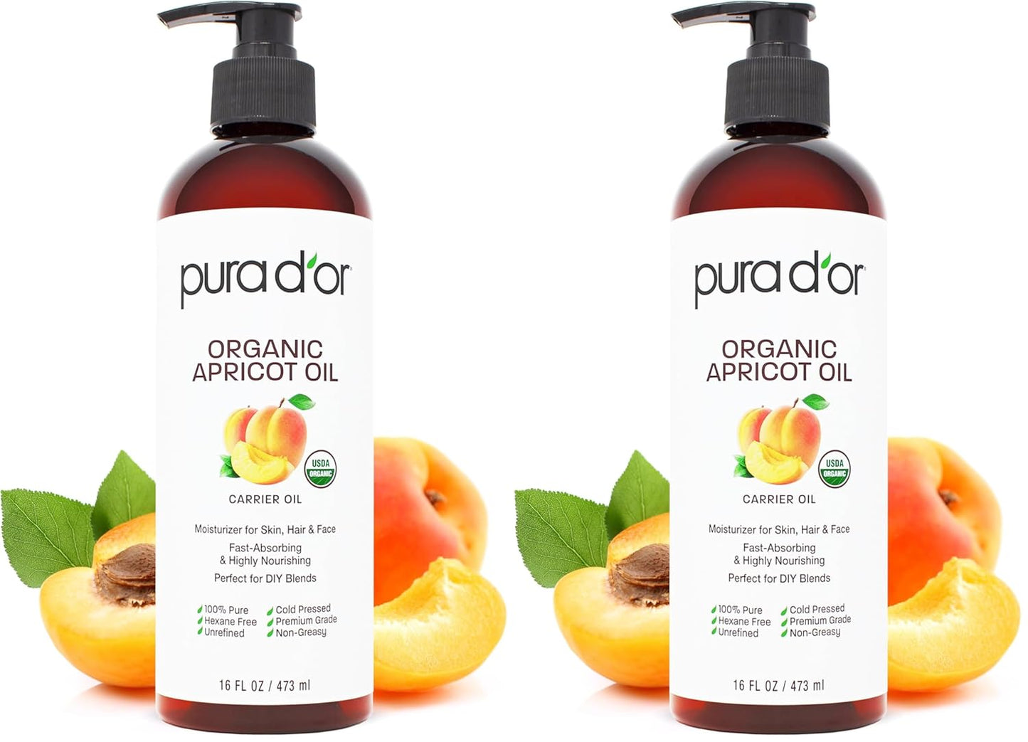 PURA D'OR ORGANIC Apricot Kernel Oil (16 Oz) 100% Pure & Natural USDA Certified (Pack of 2)