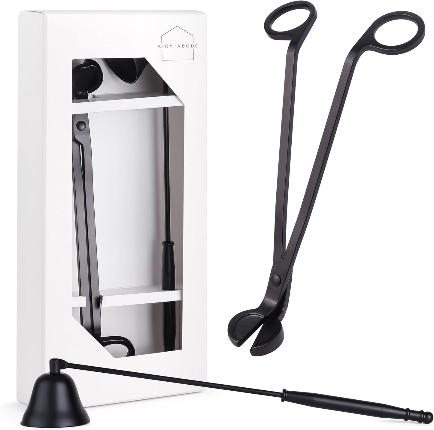 Airy Abode Candle Snuffer and Wick Trimmer Set, Bell Snuffer Gift Box, Stainless Steel Candle Care Accessory for Home Decor, Black