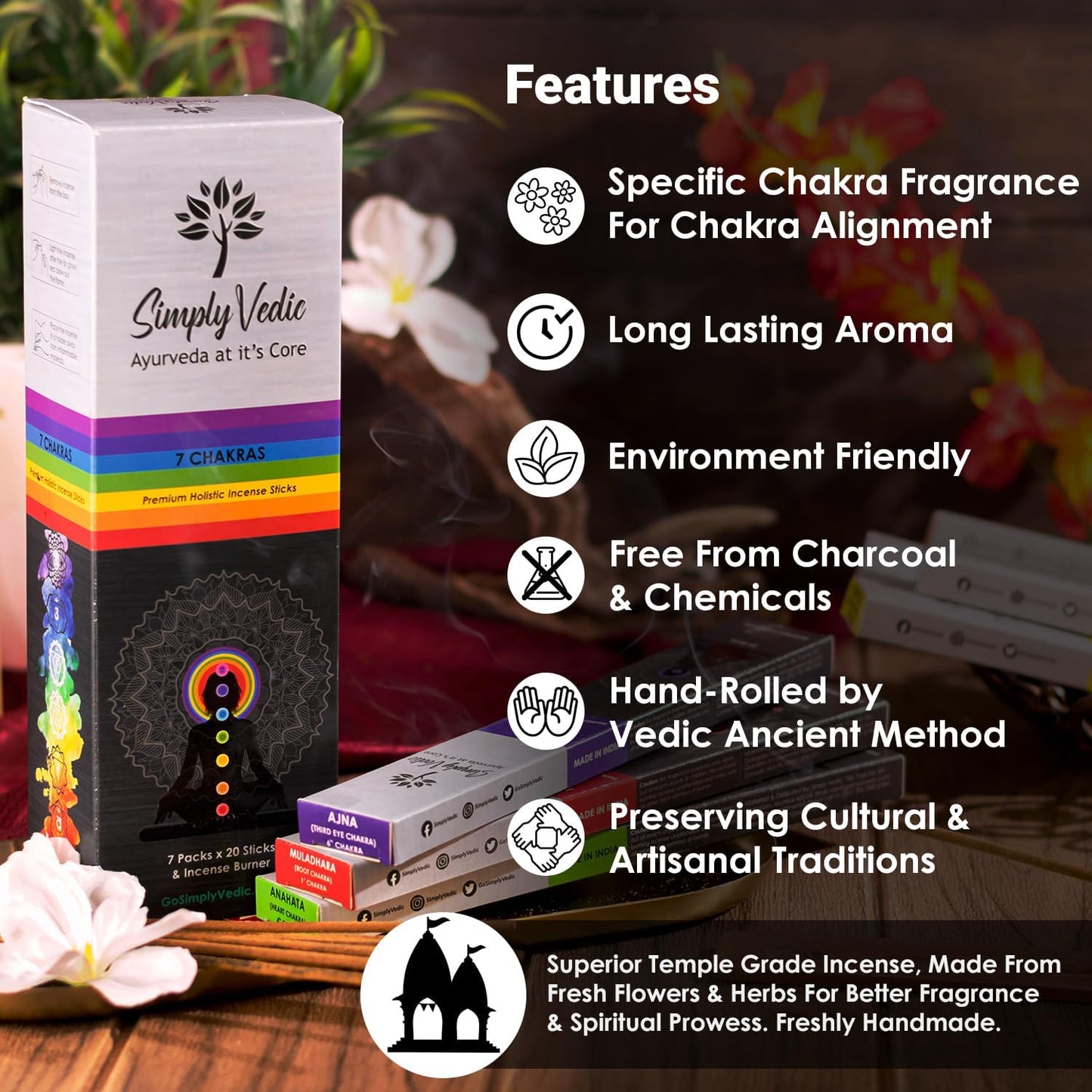 Simply Vedic 7 Chakra Incense Sticks, Aromatic Bliss for Balance & Healing| Handcrafted 140 Sticks with Pure Natural Scents to Align Energy Centers, Aromatherapy, Meditation, Yoga, Promote Relaxation