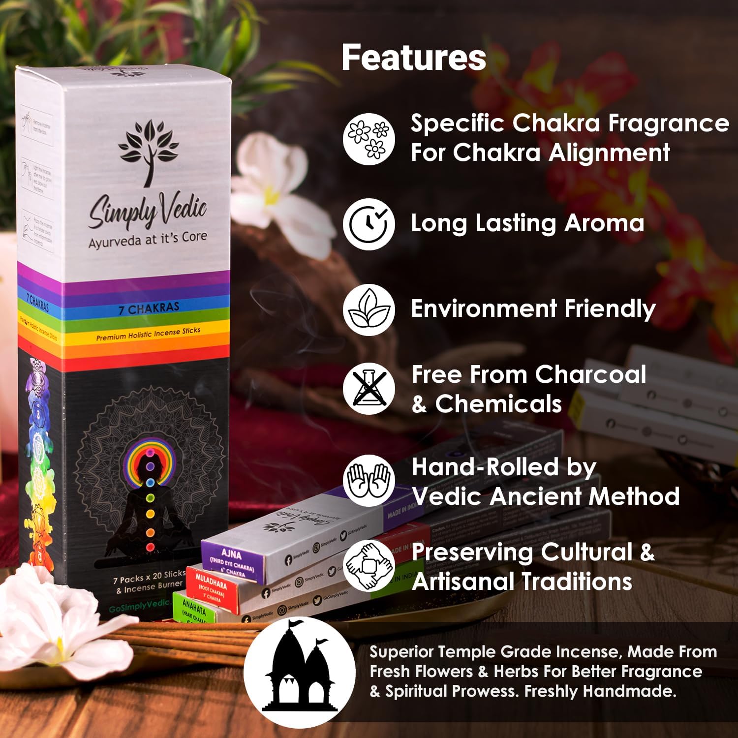 Simply Vedic 7 Chakra Incense Sticks, Aromatic Bliss for Balance & Healing| Handcrafted 140 Sticks with Pure Natural Scents to Align Energy Centers, Aromatherapy, Meditation, Yoga, Promote Relaxation