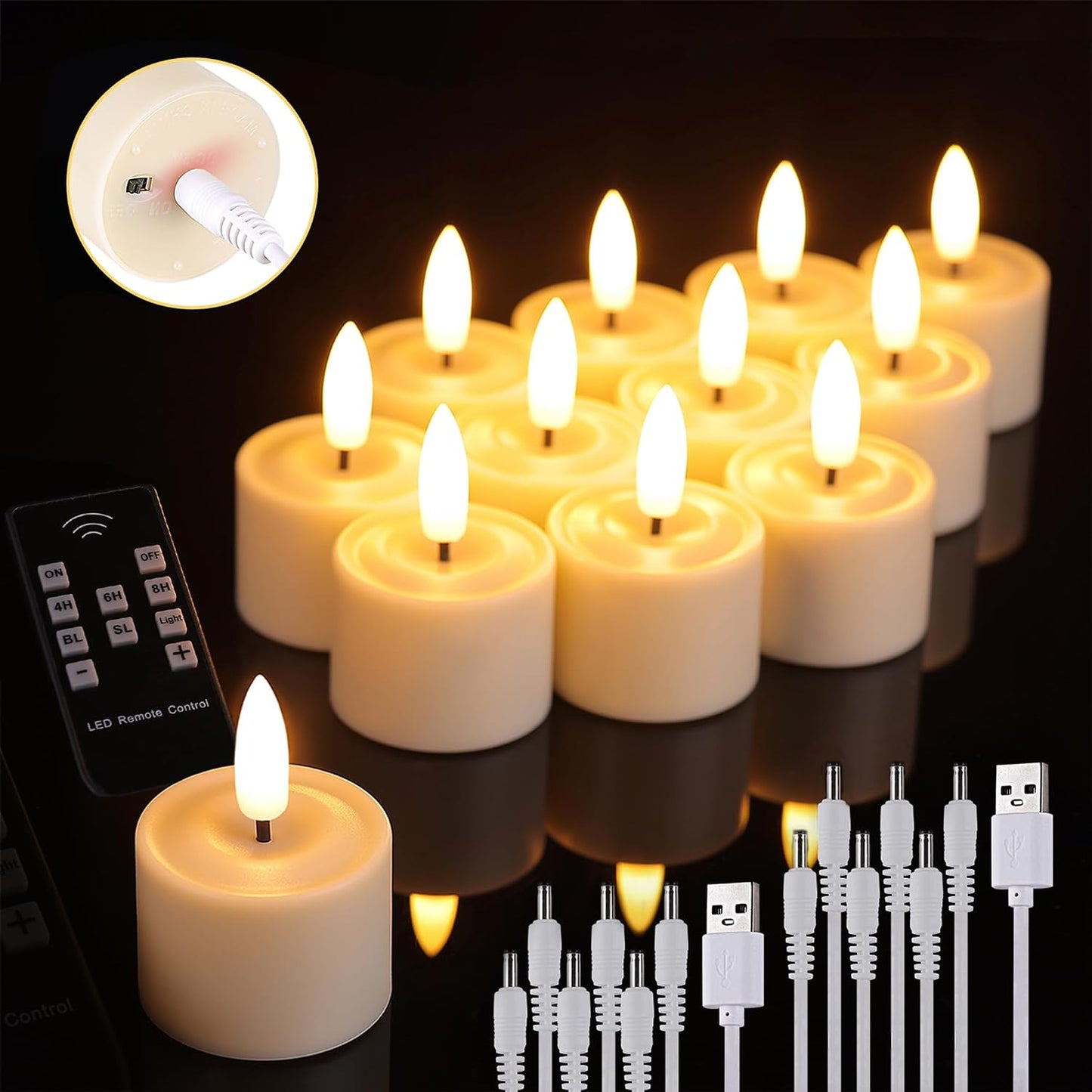 12 Pack Rechargeable Tea Lights with Remote Timer, Battery Operated LED Tealight Flameless Candles, Flickering Tealights for Votive, Weddings, Parties, Halloween, Christmas, Home Decoration
