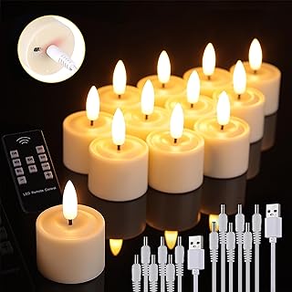 12 Pack Rechargeable Tea Lights with Remote Timer, Battery Operated LED Tealight Flameless Candles, Flickering Tealights for Votive, Weddings, Parties, Halloween, Christmas, Home Decoration
