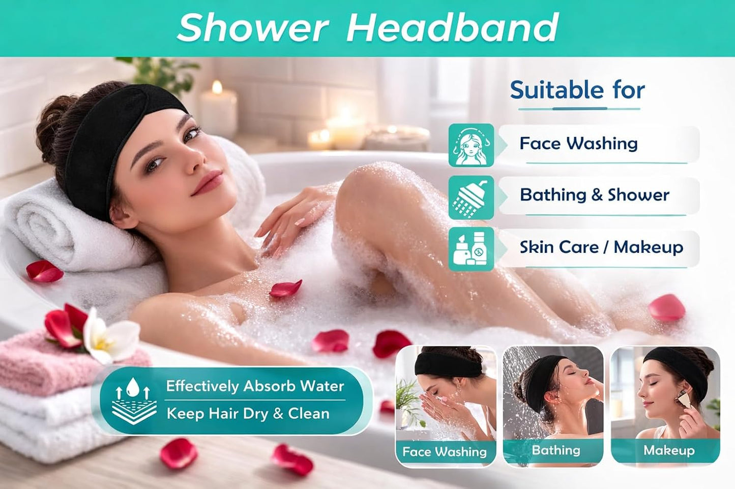 3Pcs Facial Spa Headband Set for Women – Adjustable, Non-Slip Terry Cloth Headband for Face Washing, Make-up Application and Showering – Soft and Stretchable Hair Wrap