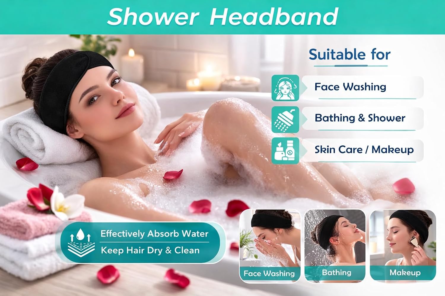 3Pcs Facial Spa Headband Set for Women – Adjustable, Non-Slip Terry Cloth Headband for Face Washing, Make-up Application and Showering – Soft and Stretchable Hair Wrap