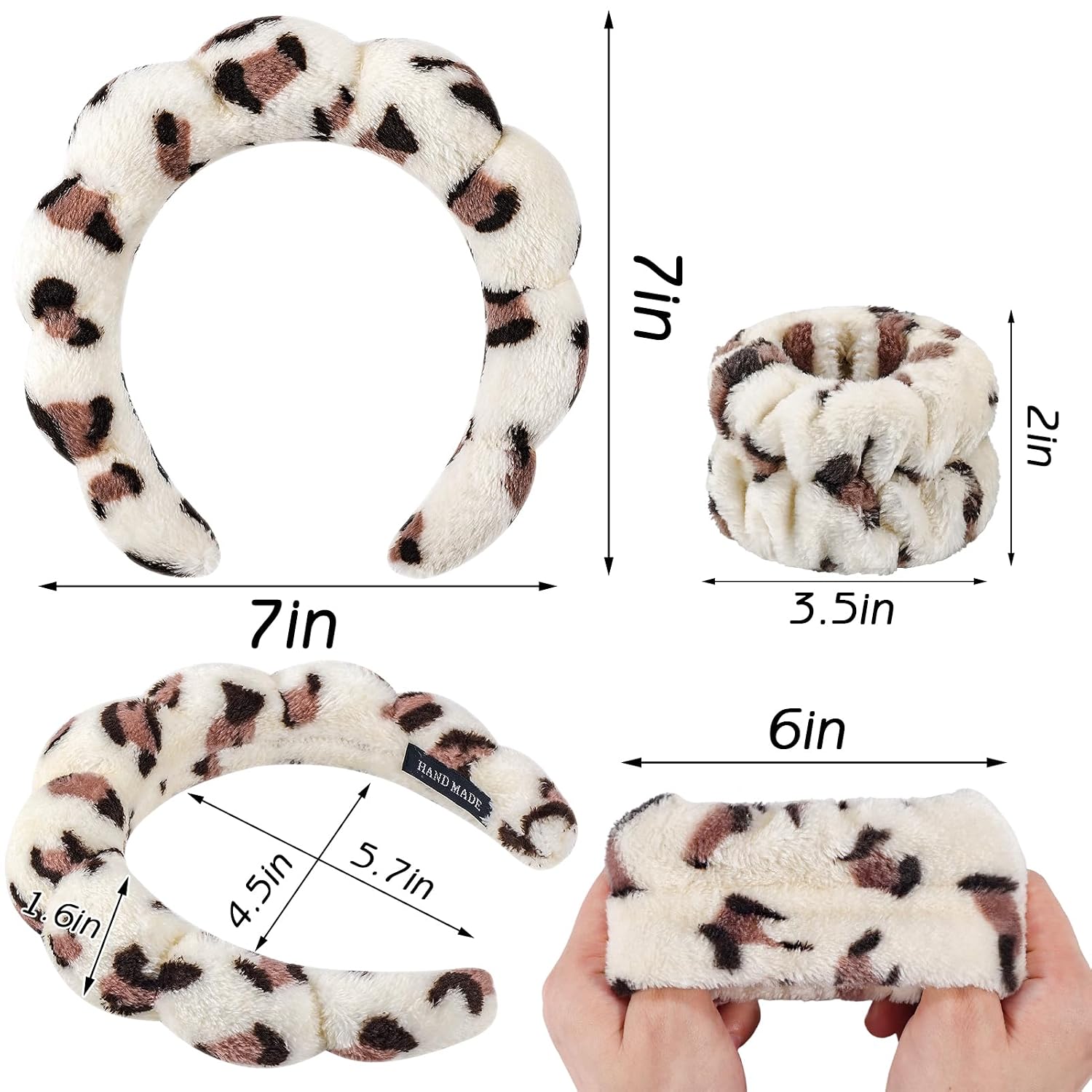 Zkptops 6Pcs Spa Headband for Washing Face Wristbands Set Women Bubble Makeup Sponge Plush Padded Puffy Skincare Headband Bow Tie Hairband Cute Non Slip Thick Hair Accessory Gifts(Beige Leopard)