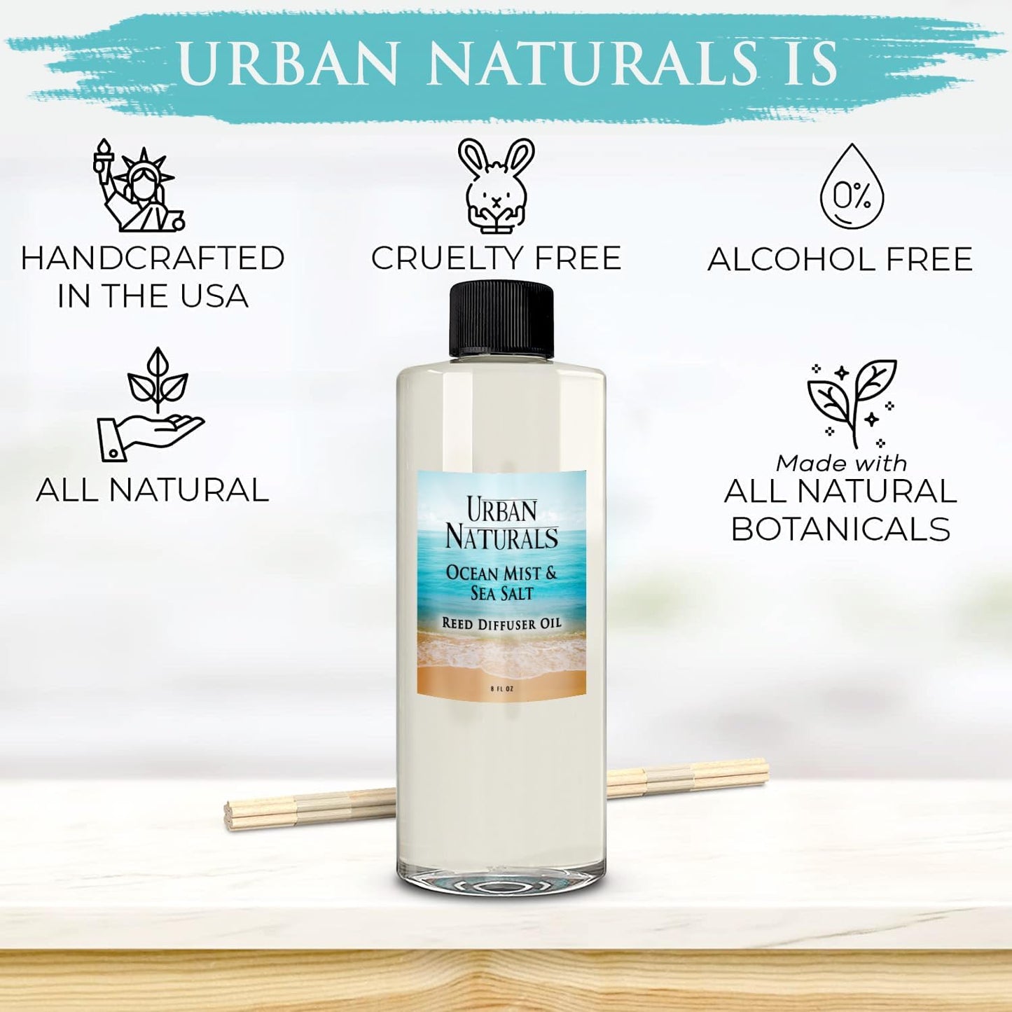 Urban Naturals Reed Diffuser Oil Refill Ocean Mist Sea Salt with Salt Spray, Violet Leaf, Sea Grass, Driftwood 8 oz + Free Reed Sticks, Made in the USA