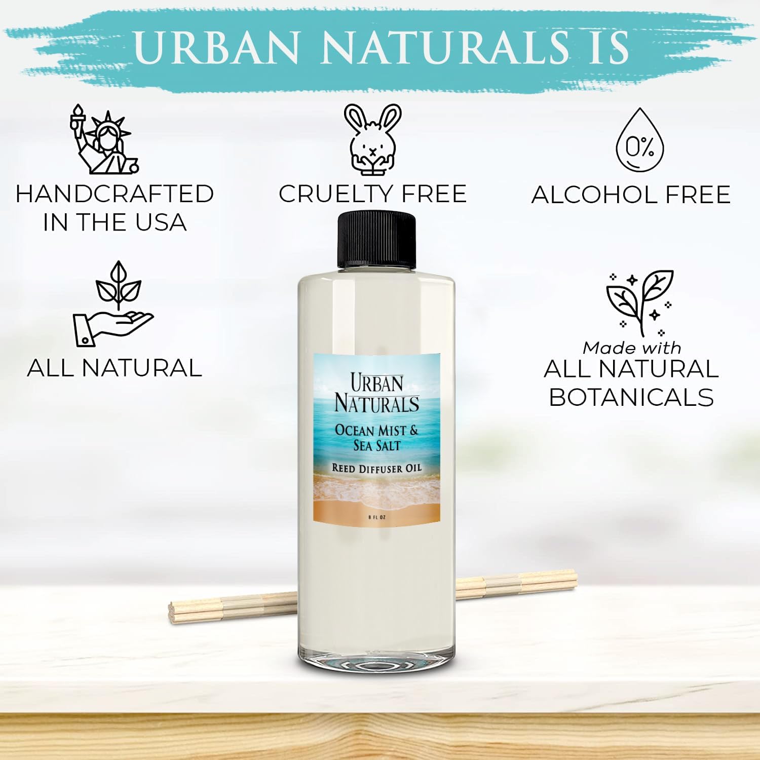 Urban Naturals Reed Diffuser Oil Refill Ocean Mist Sea Salt with Salt Spray, Violet Leaf, Sea Grass, Driftwood 8 oz + Free Reed Sticks, Made in the USA