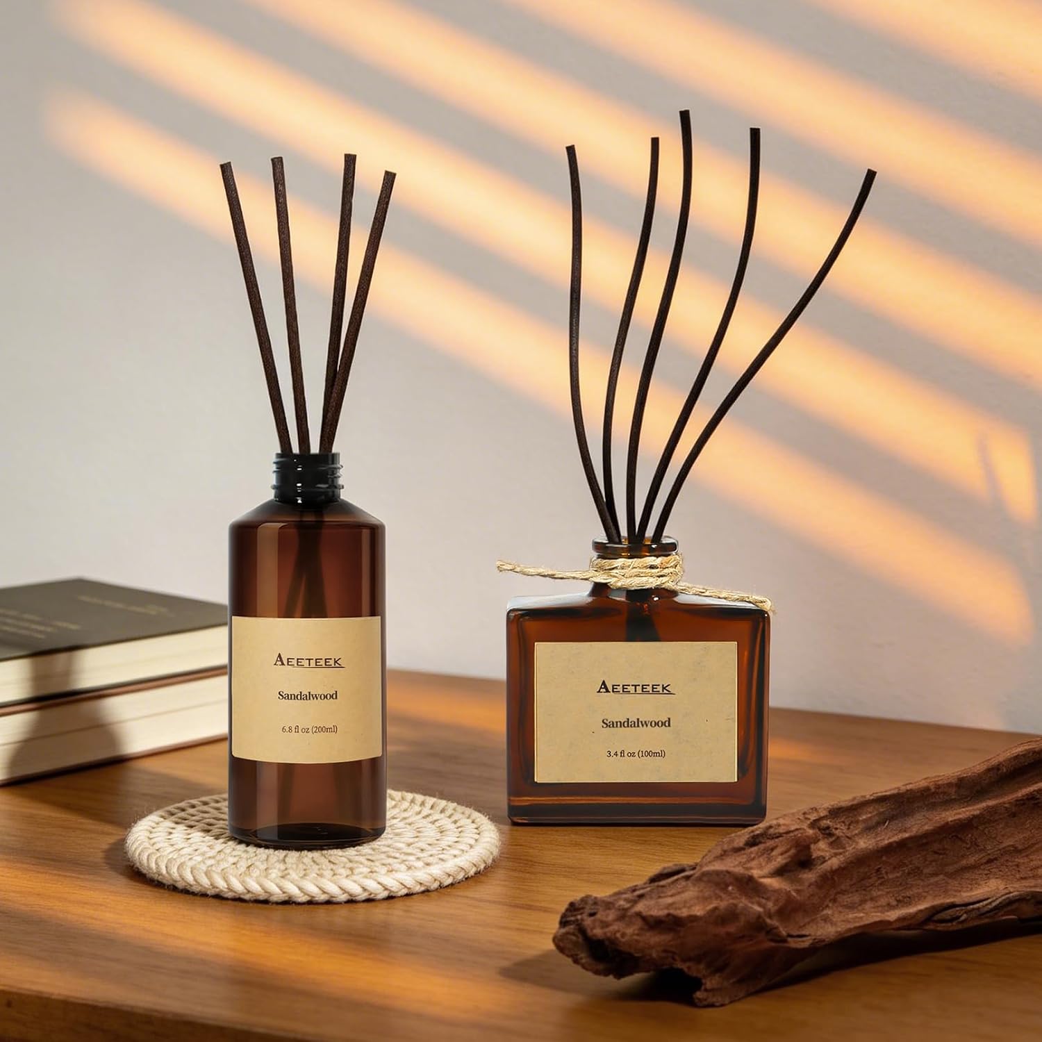 Reed Diffuser, Sandalwood Essential Oil Refill with Diffuser Sticks, 6.8 Fl Oz (200ml) Woody Scented Diffusers, Long-Lasting Fragrance for Home Decor