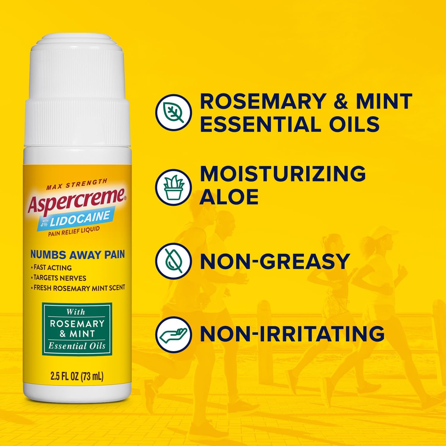 Aspercreme Essential Oils Lidocaine Pain Relief with No-Mess Roll-On Applicator, Max-Strength Lidocaine Numbs Away Nerve Pain, Moisturizing Aloe Hydrates Skin, Rosemary & Mint, 2.5 Oz.