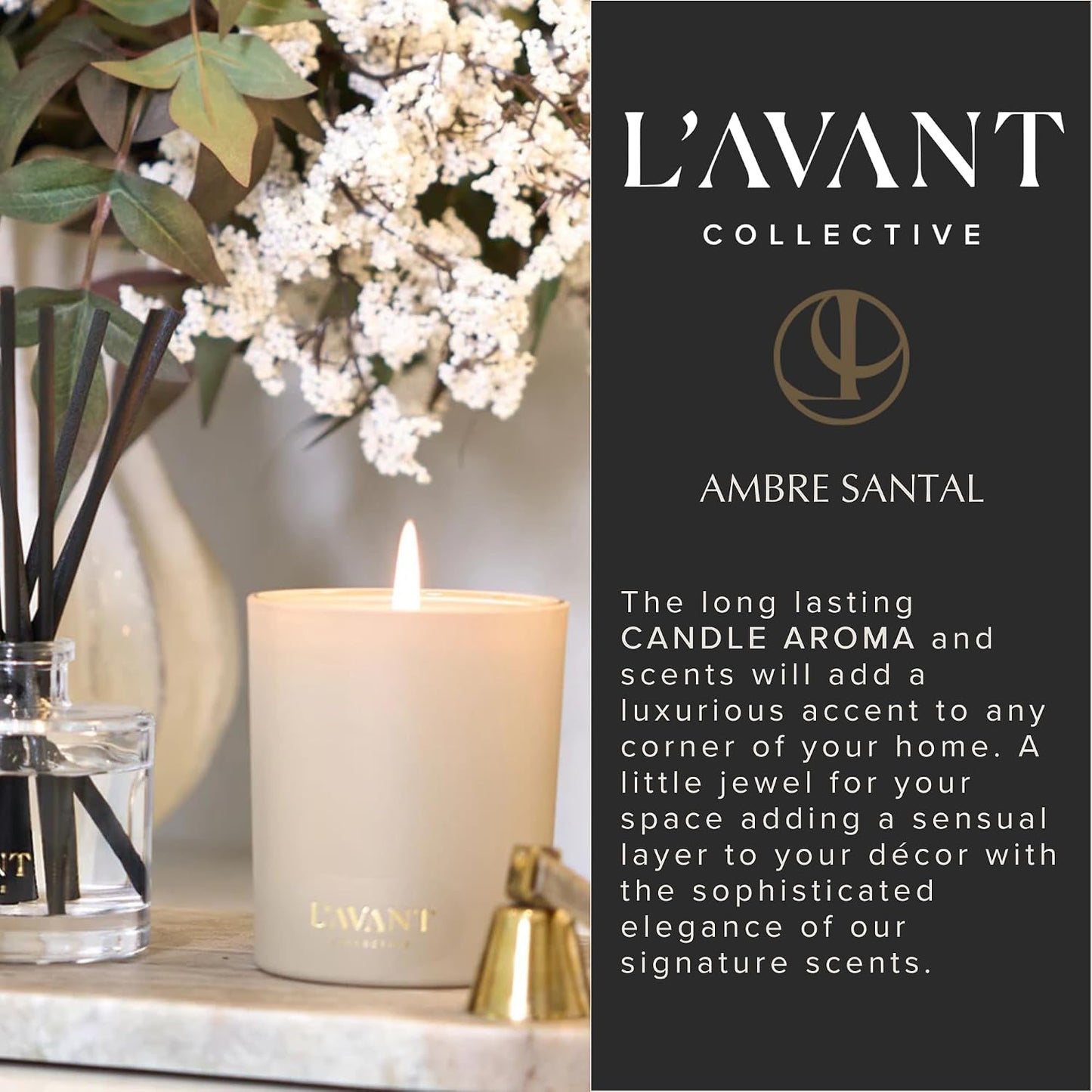 L'AVANT Collective Luxury Scented Candle | Clean-Burning Soy & Coconut Wax, Non-Toxic, 40 Hour Burn Time | Home Decor Candle in Minimal White Jar, Gift Ready | 8 oz | Ambre Santal
