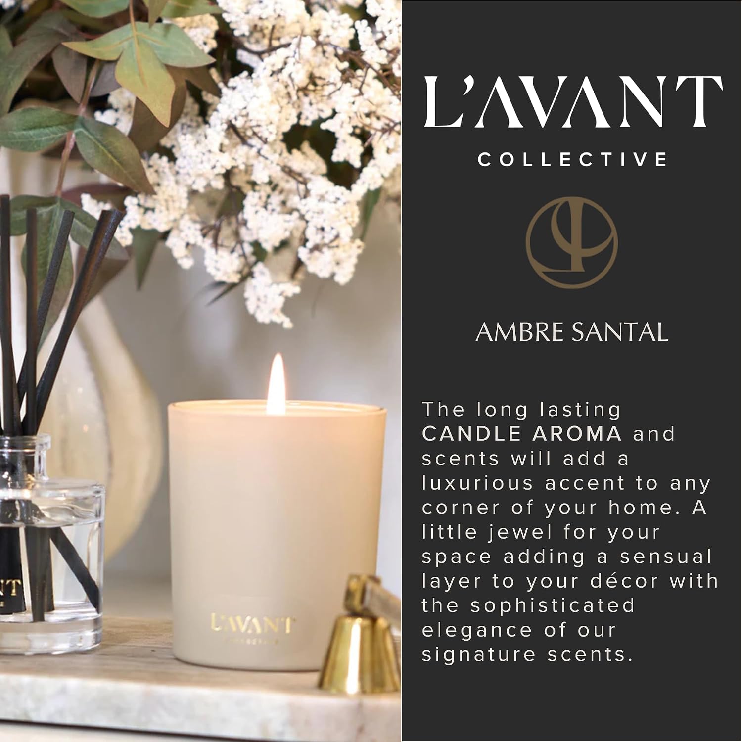L'AVANT Collective Luxury Scented Candle | Clean-Burning Soy & Coconut Wax, Non-Toxic, 40 Hour Burn Time | Home Decor Candle in Minimal White Jar, Gift Ready | 8 oz | Ambre Santal