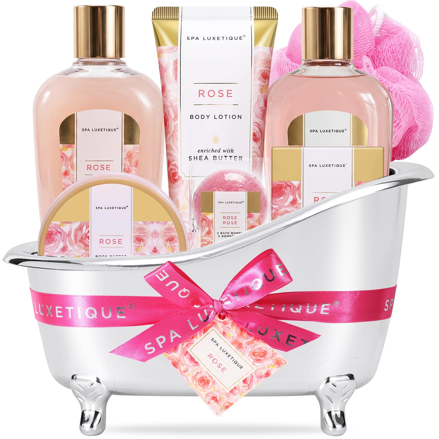 spa luxetique Gift Set For Women, Bath Sets for Women Gift, 8 Pcs Rose Spa Basket Includes Bubble Bath, Shower Gel, Body Lotion, Mom Birthday Gifts, Mother‘s Day Gifts for Her