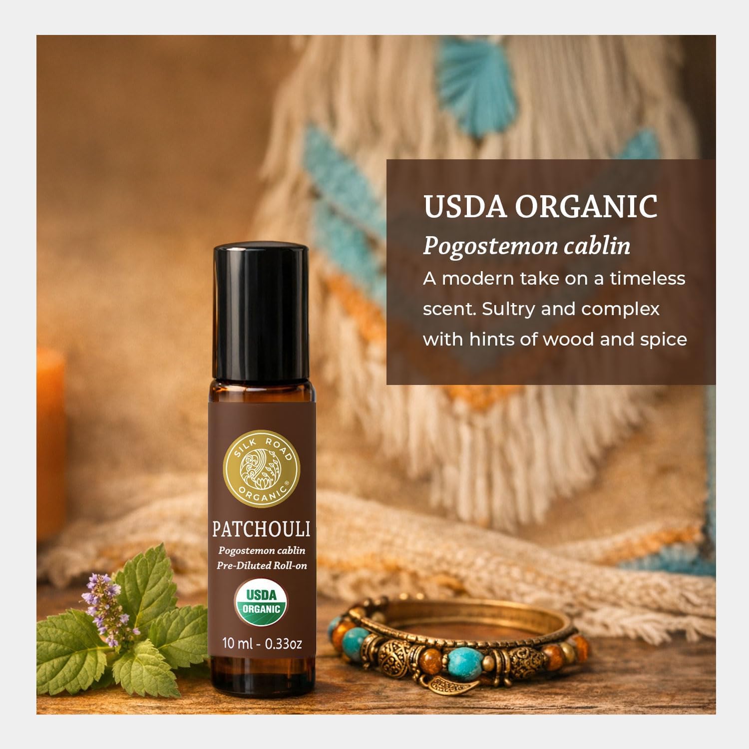 Silk Road Organic Patchouli Essential Oil Roll On, USDA Certified - Uplift Mood, Enhance Attraction, Ease Stress & Relax - 10 ml Aromatherapy Roller