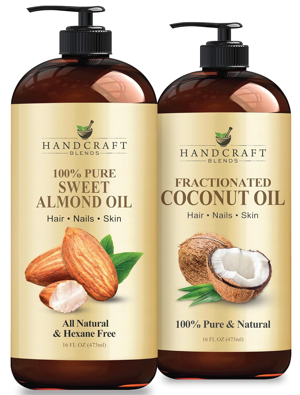 Handcraft Blends Total Body Hydration Set: Sweet Almond Oil and Fractionated Coconut Oil – (2 x 16 Fl Oz) – 100% Pure & Natural – Premium Carrier Oils for Skin, Hair, and Massage