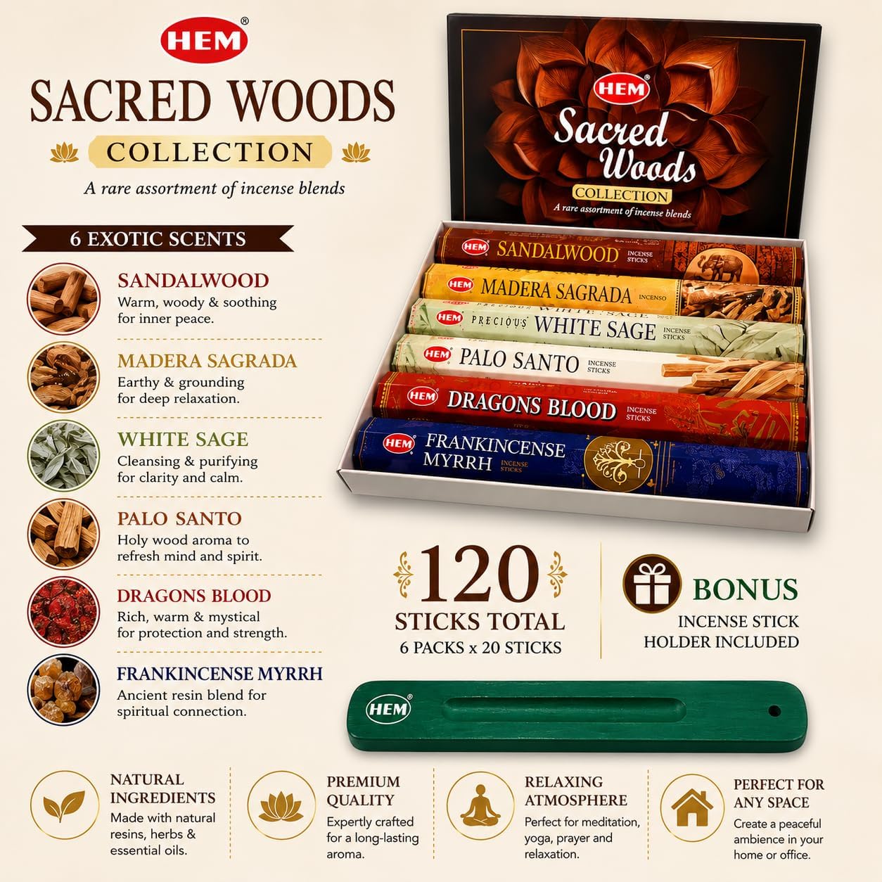 Hem Incense Sticks Assorted Sacred Woods Pack (6 Sets x 20 Sticks) with Incense Stick Holder 120 Sticks Total | Sandalwood Dragons Blood Palo Santo White Sage Frankincense Myrrh