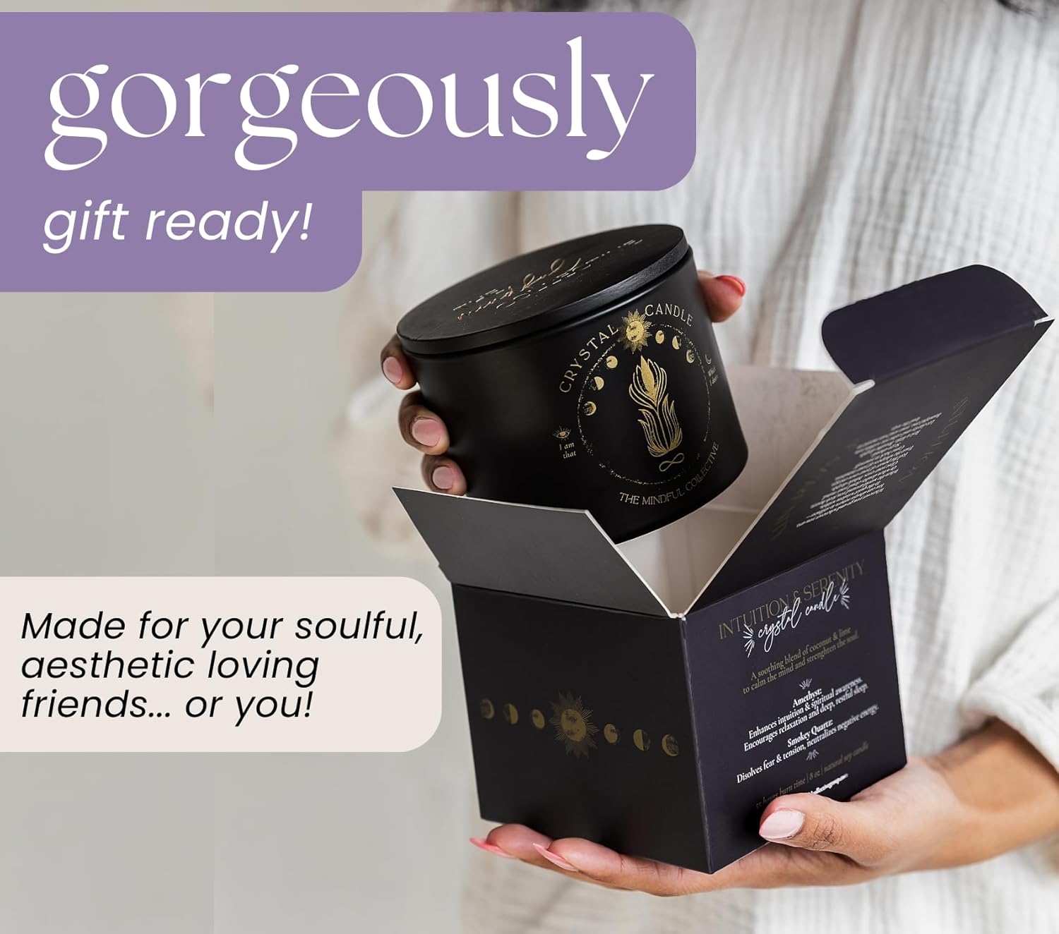Black Crystal Candle for Women - 8oz Wood Wick Candle that Crackles with Natural Soy Wax. Luxurious Slow Burn, for Meditation. Includes Amethyst & Smokey Quartz Crystals