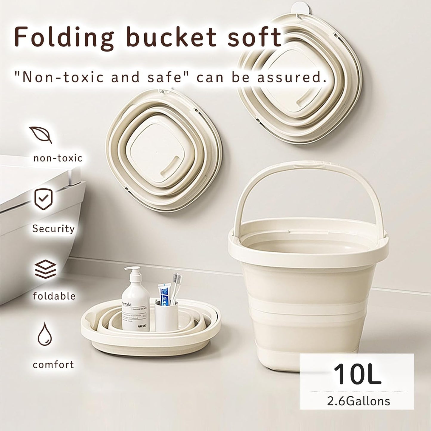 Folding Bucket, Water Bucket, 5L, 10L, Thick, Multi-Functional, Convenient, Foot Bath, Square, Stylish, Camping, Laundry, car wash, Foot Bath, Fishing (Beige-5L)