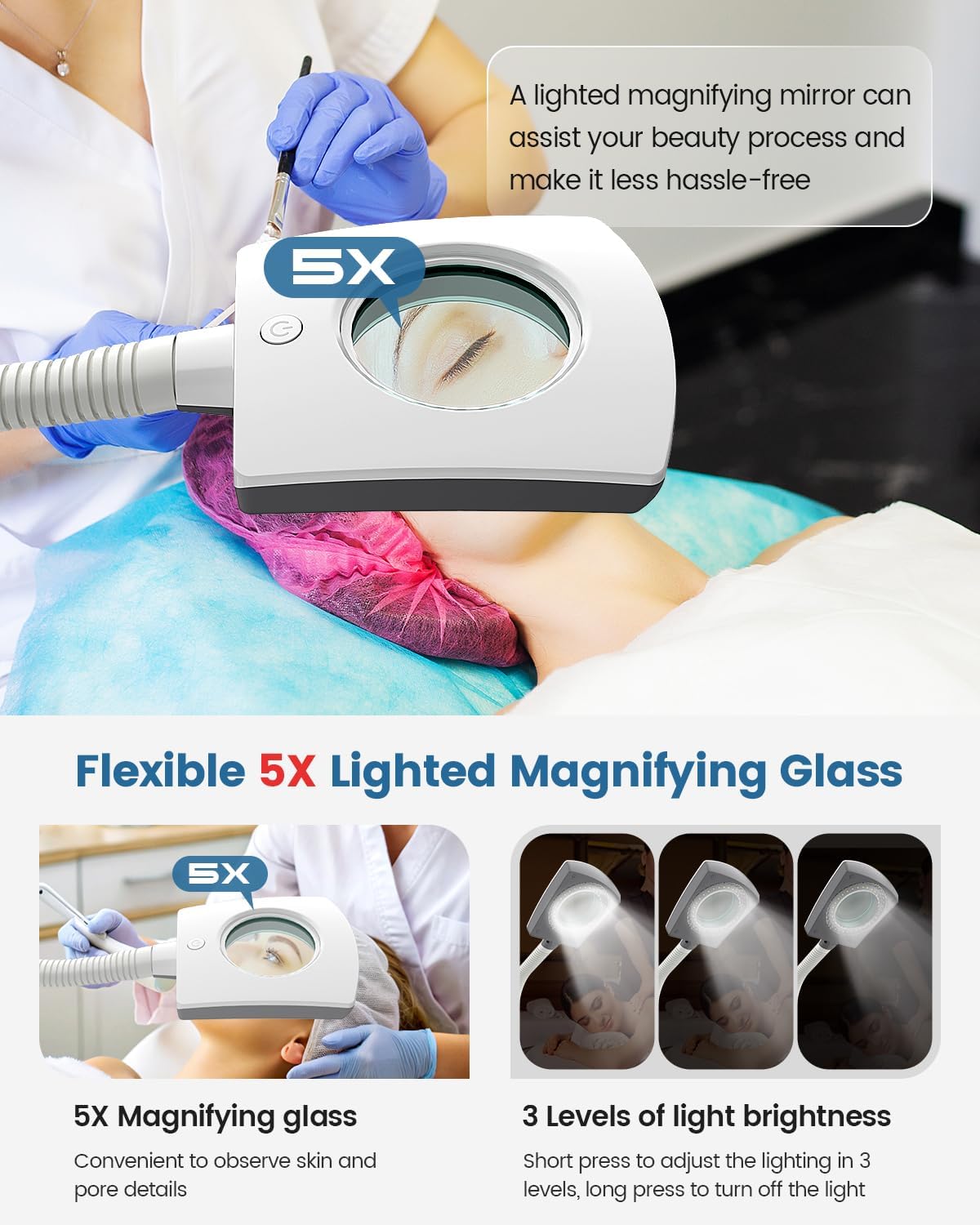 Professional 2-in-1 Facial Steamer with 5X Magnifying Lamp, Salon Grade Hot Mist Esthetician Device, Adjustable Timer, 2 Steam Levels, 3-Level LED Light, White