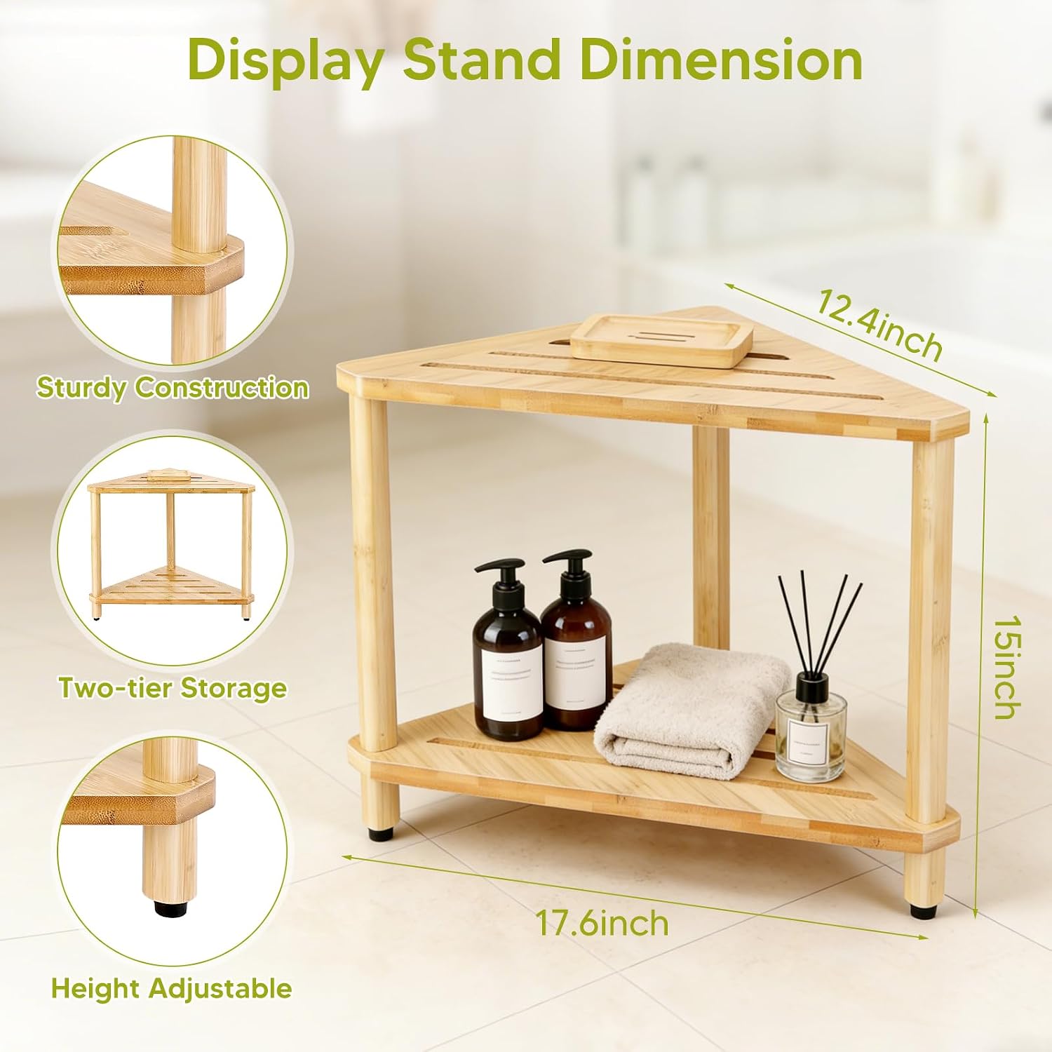 Bamboo Corner Shower Stool with Soap Dish, Waterproof Bath Bench Seat for Shaving Legs Inside Shower, 2-Tier Height Adjustable Foot Rest with Storage Shelf, Corner Bench for Women