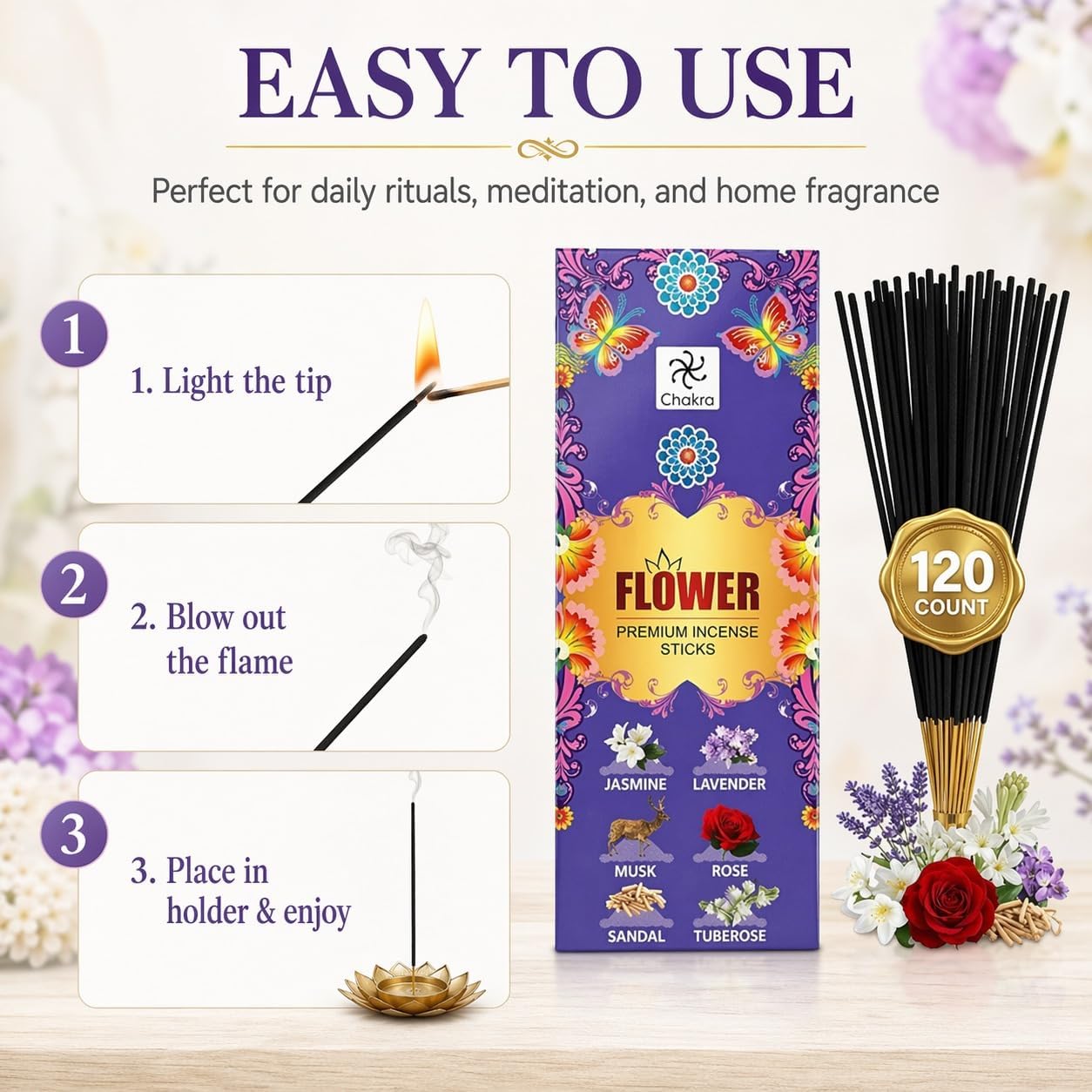 6-Scent Incense Sticks Variety Pack – 120 Count | Jasmine, Lavender, Musk, Rose, Sandalwood & Tuberose | Long-Lasting Aroma for Meditation & Home Use | chakra